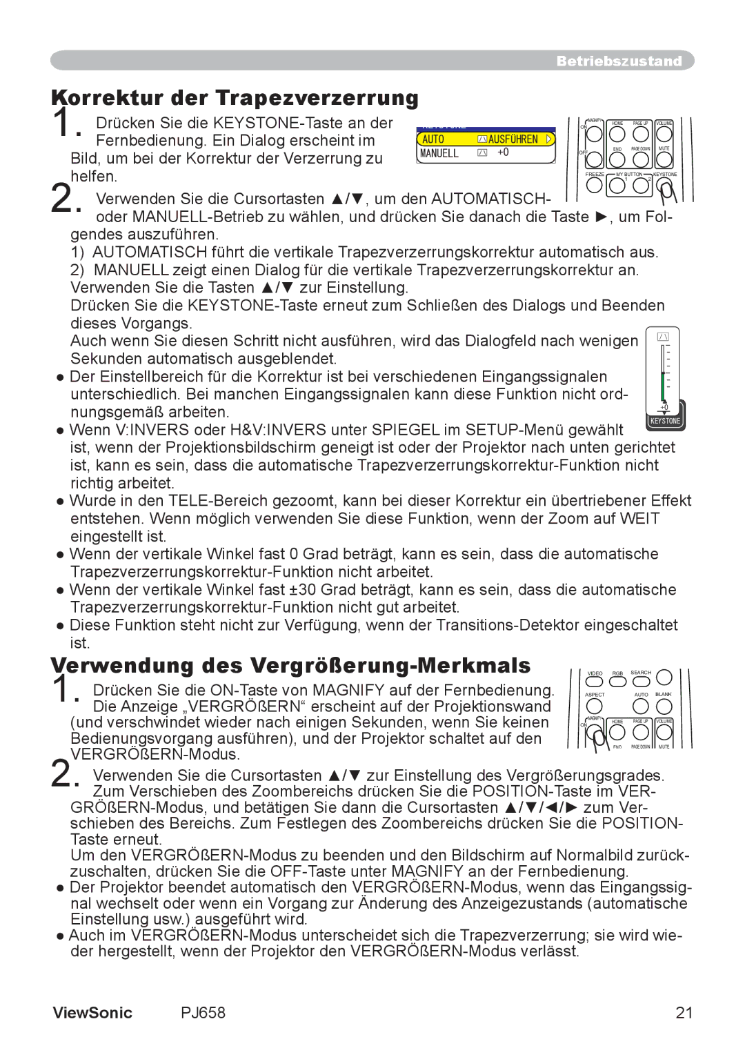 ViewSonic VS11361 manual Korrektur der Trapezverzerrung, Verwendung des Vergrößerung-Merkmals 