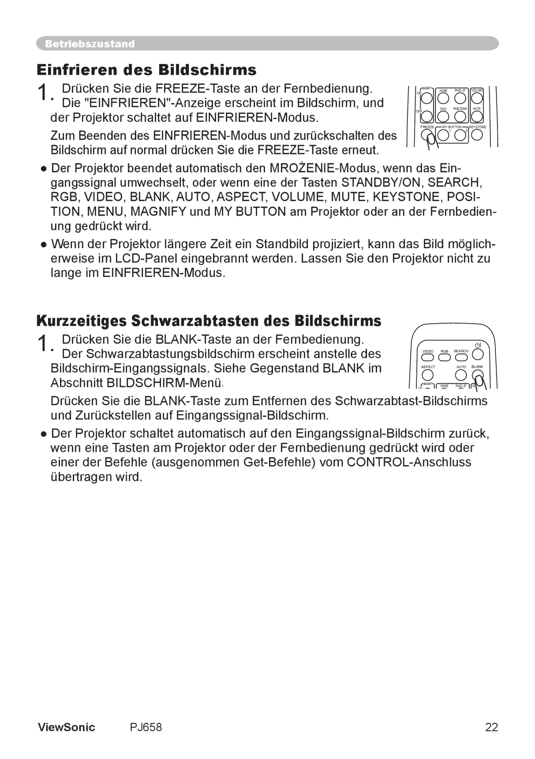 ViewSonic VS11361 manual Einfrieren des Bildschirms, Kurzzeitiges Schwarzabtasten des Bildschirms 