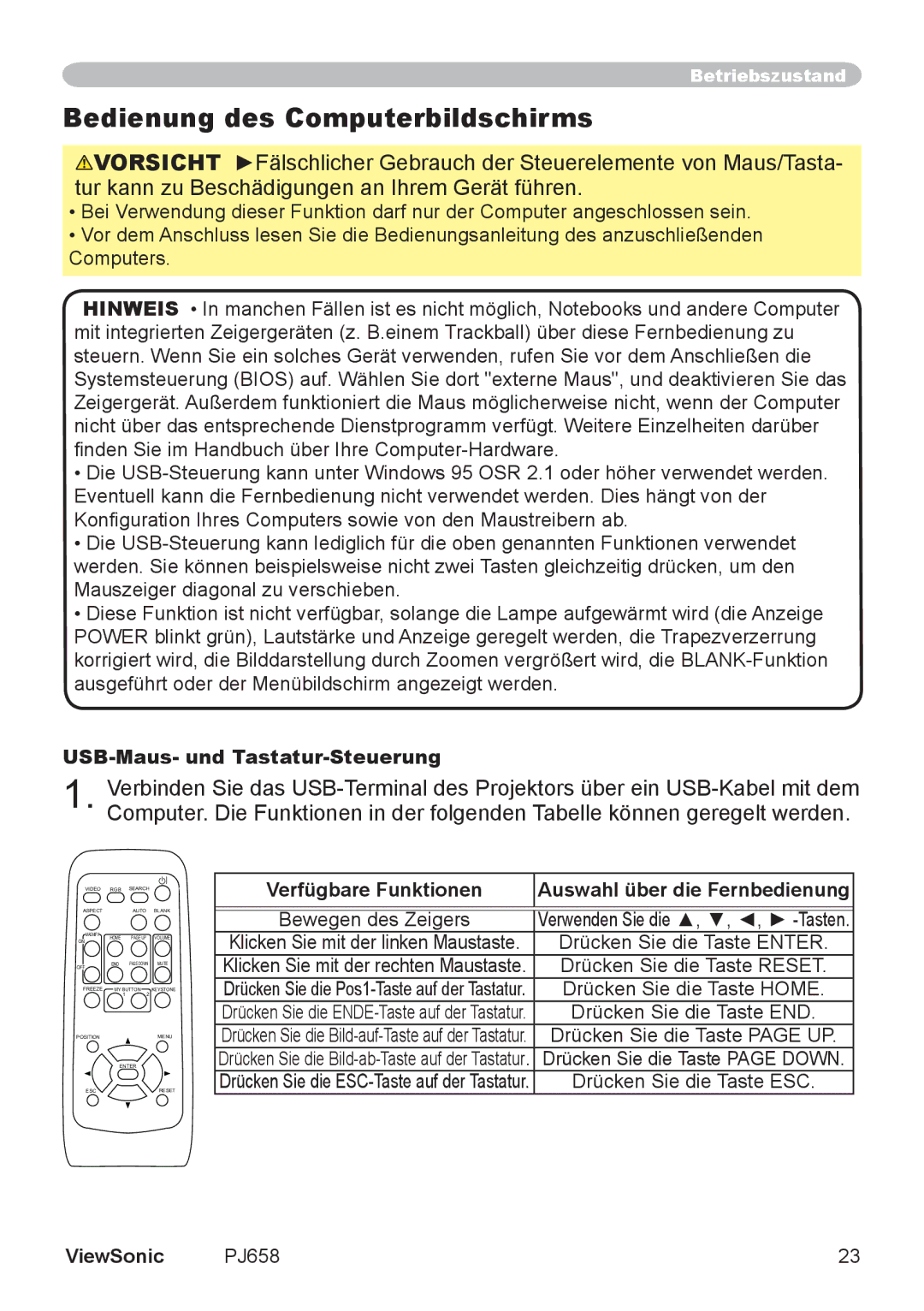 ViewSonic VS11361 manual Bedienung des Computerbildschirms, USB-Maus- und Tastatur-Steuerung 