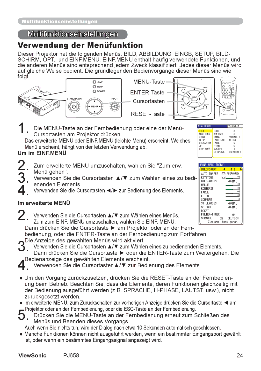 ViewSonic VS11361 manual Multifunktionseinstellungen, Verwendung der Menüfunktion, Um im EINF.MENÜ, Im erweiterte Menü 