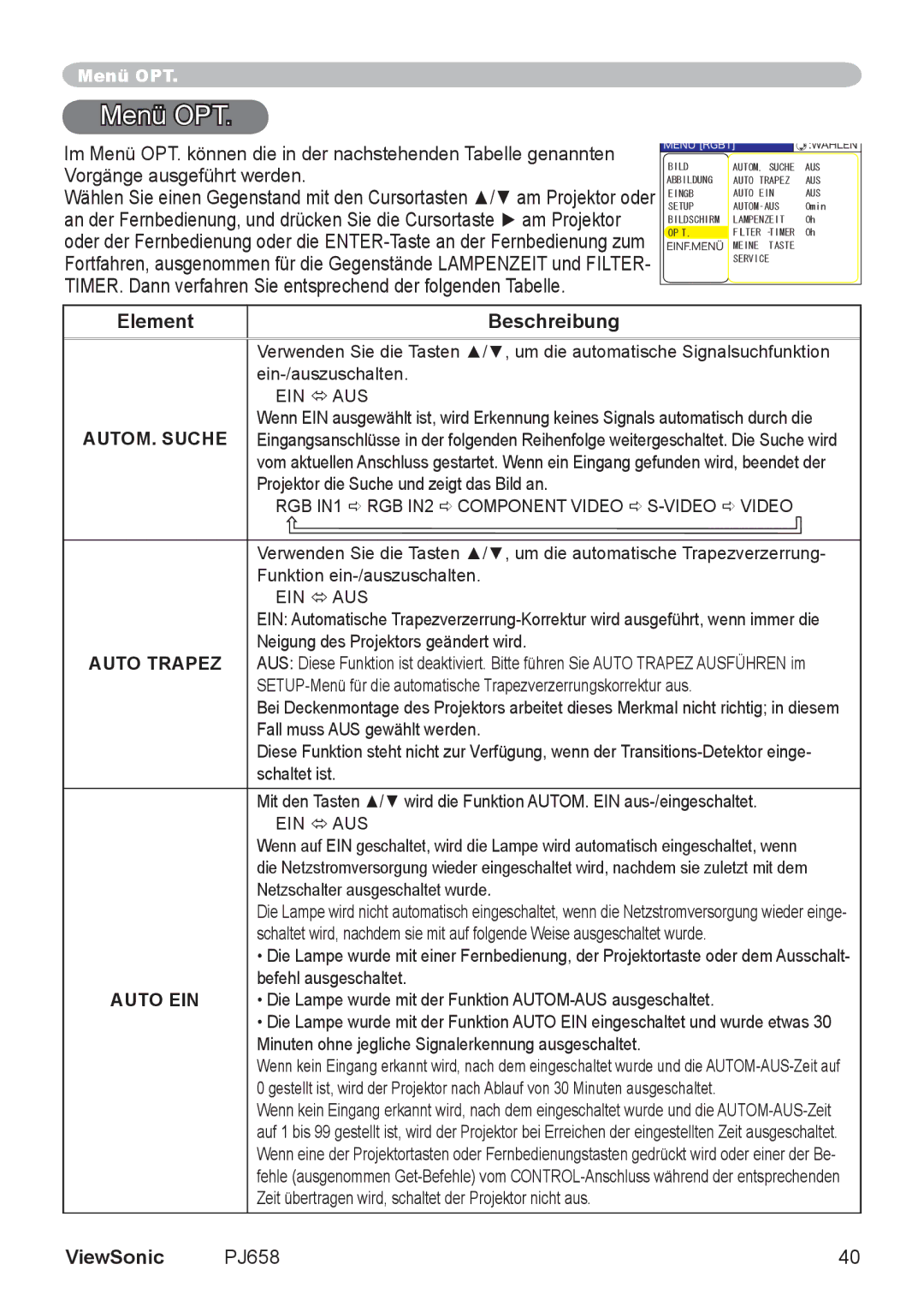 ViewSonic VS11361 manual Menü OPT, AUTOM. Suche 