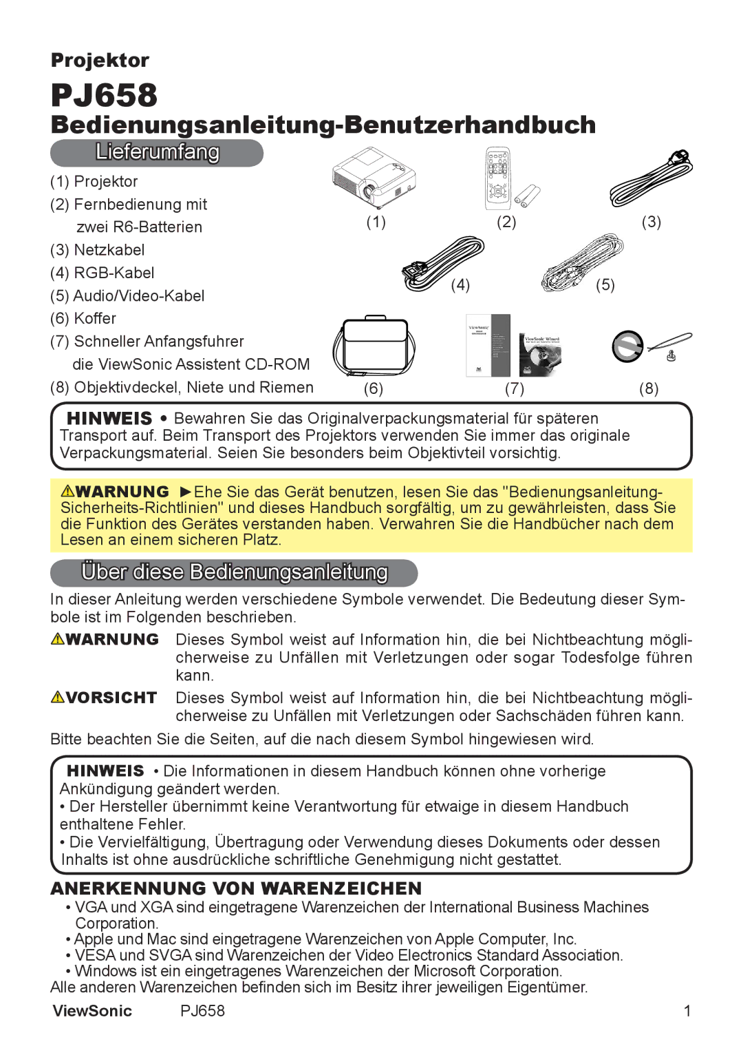 ViewSonic VS11361 manual Lieferumfang, Über diese Bedienungsanleitung 