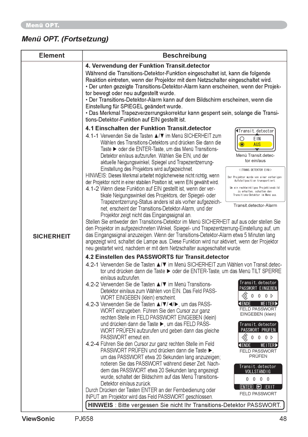 ViewSonic VS11361 manual Verwendung der Funktion Transit.detector 