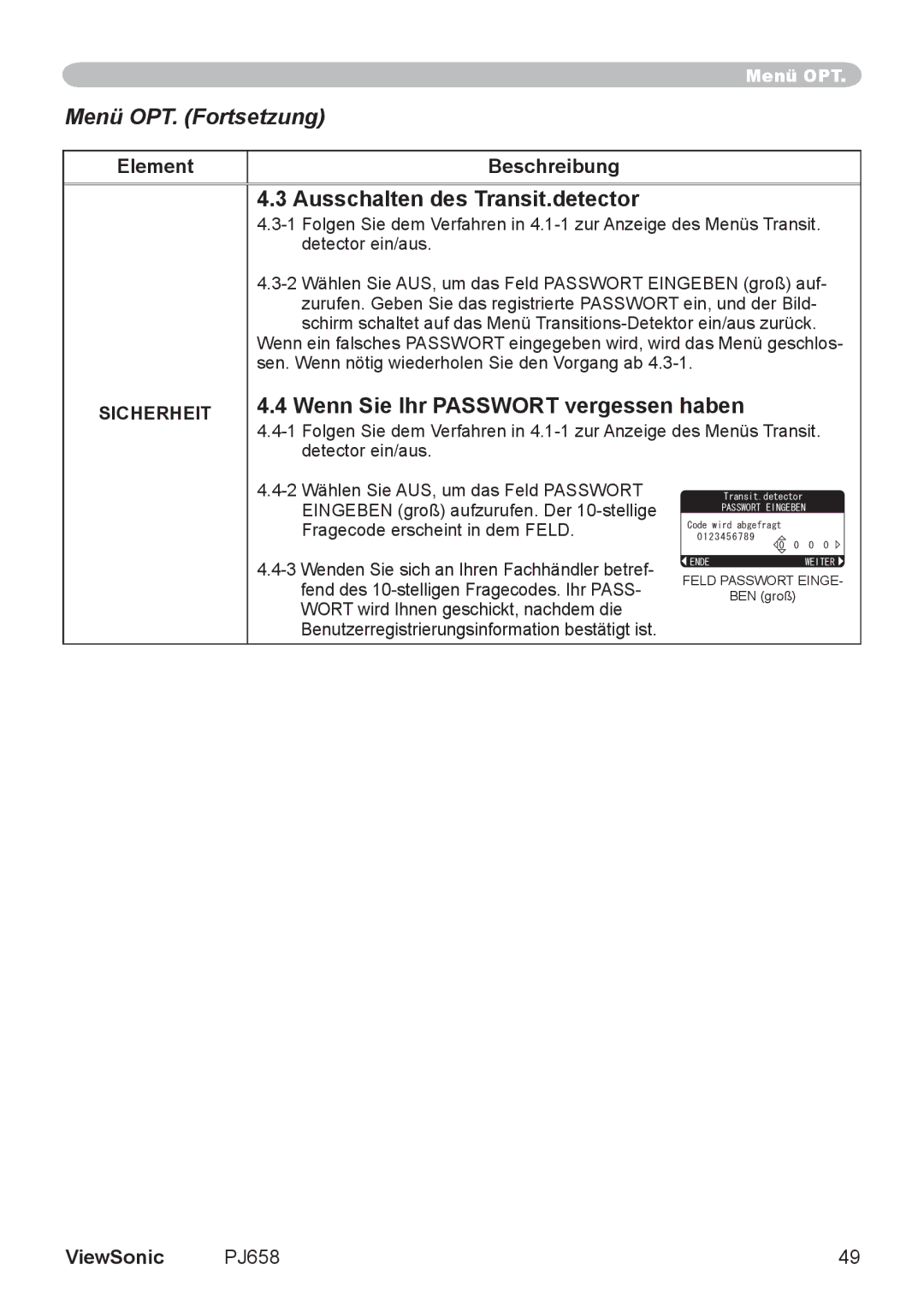 ViewSonic VS11361 manual Ausschalten des Transit.detector, Wenn Sie Ihr Passwort vergessen haben 
