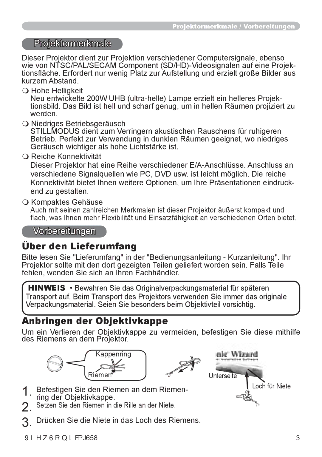 ViewSonic VS11361 manual Projektormerkmale, Vorbereitungen, Über den Lieferumfang, Anbringen der Objektivkappe 