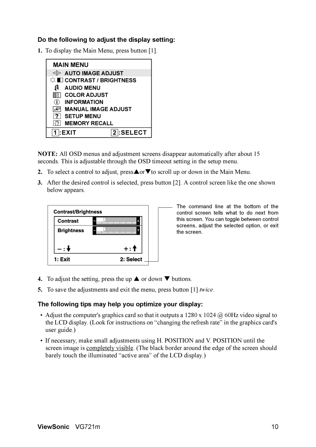 ViewSonic VG721M manual Do the following to adjust the display setting, Following tips may help you optimize your display 