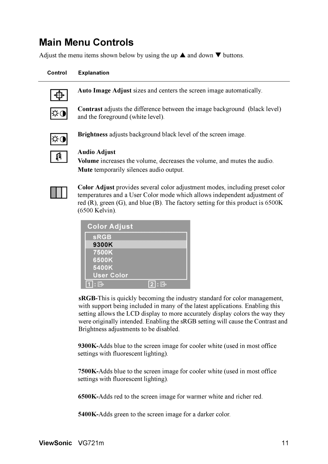 ViewSonic VS11366, VG721M manual Main Menu Controls, Audio Adjust 