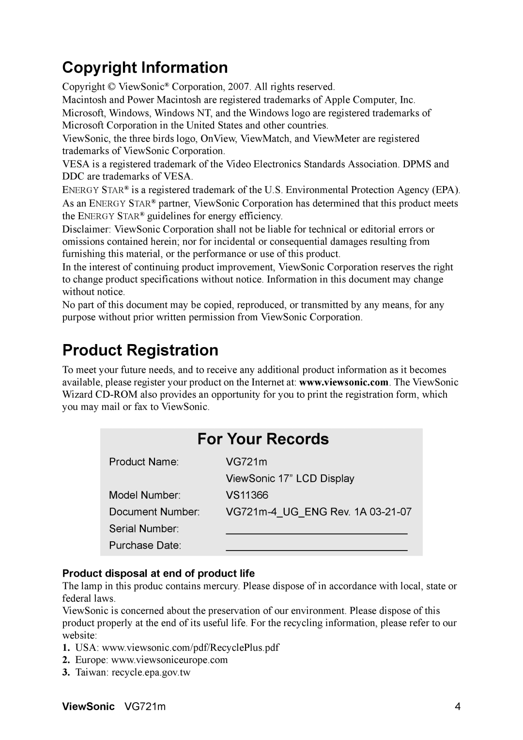 ViewSonic VG721M Copyright Information, Product Registration For Your Records, Product disposal at end of product life 