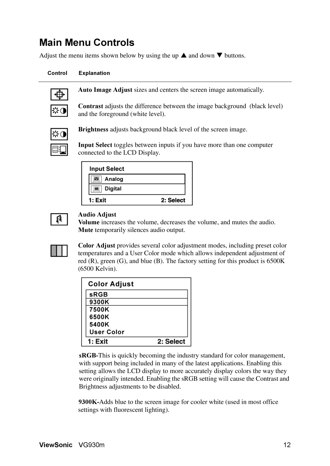 ViewSonic VS11369 warranty Main Menu Controls, Audio Adjust 