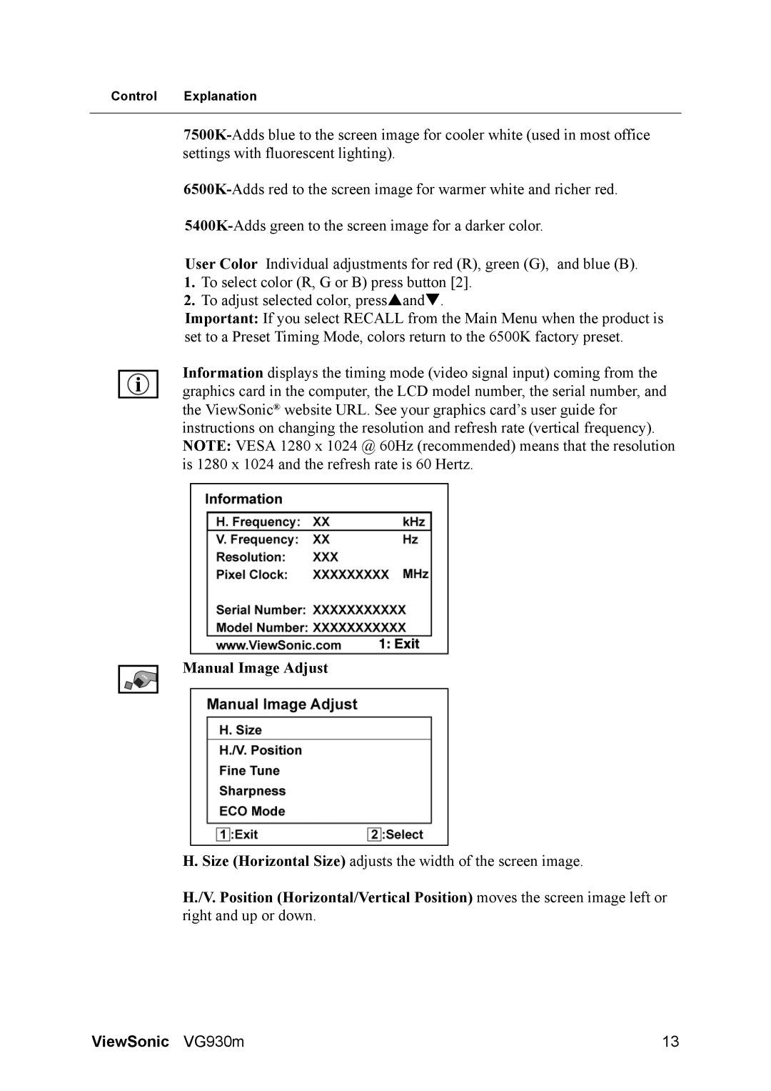 ViewSonic VS11369 warranty Manual Image Adjust 