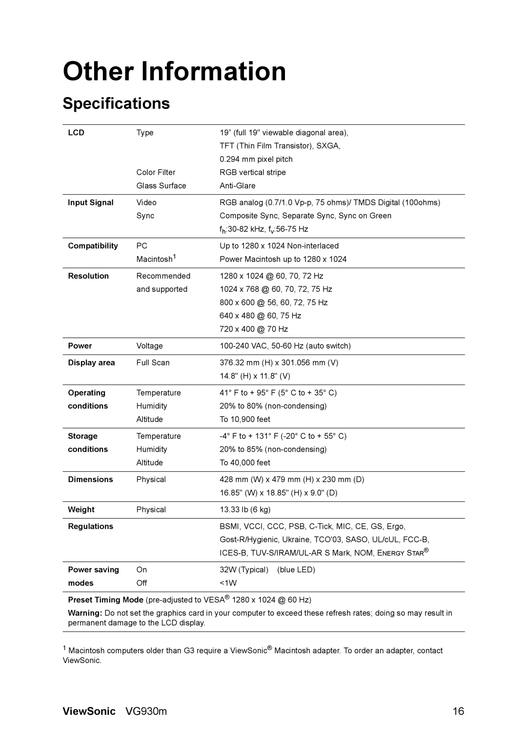 ViewSonic VS11369 warranty Other Information, Specifications 