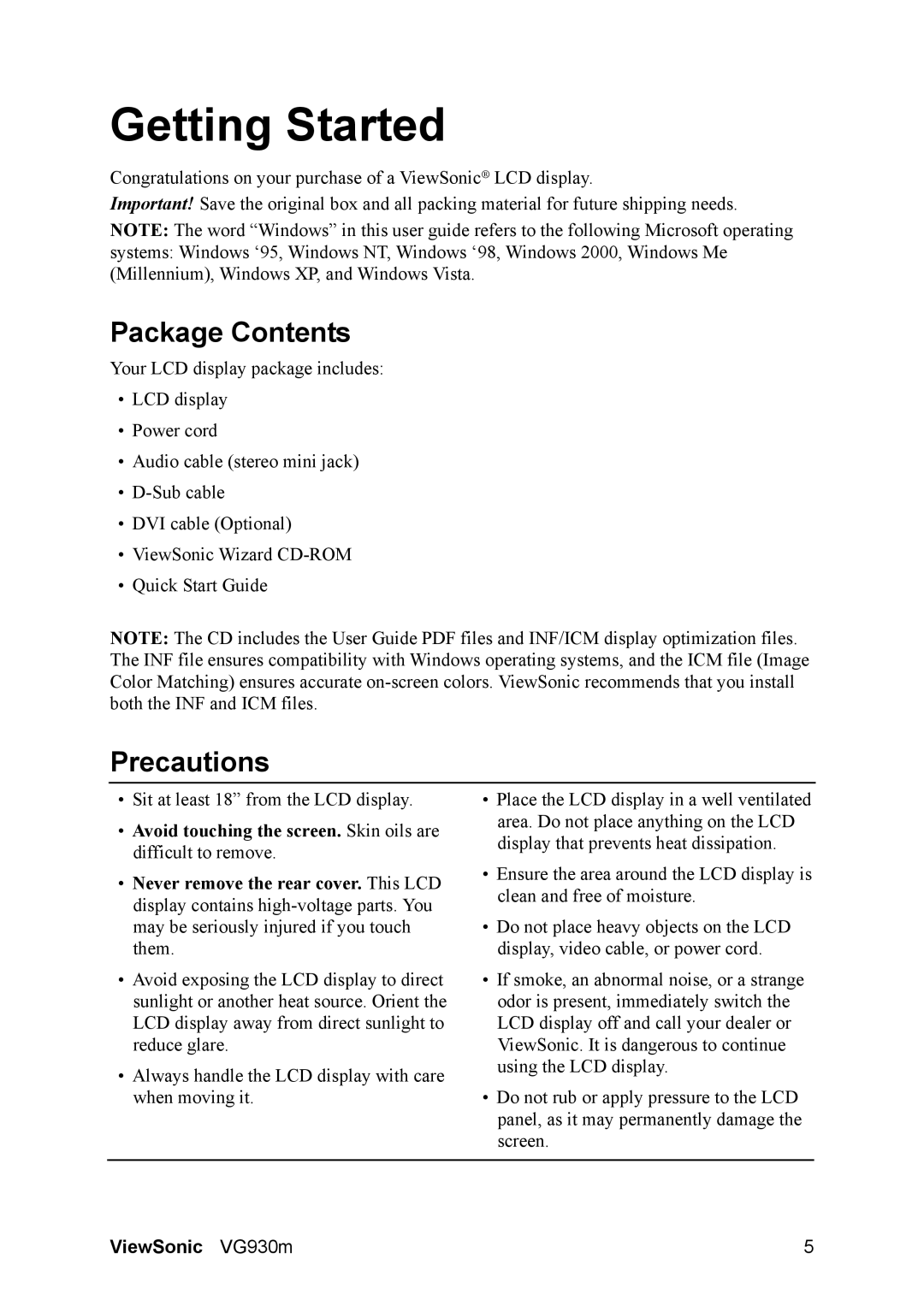 ViewSonic VS11369 warranty Package Contents, Precautions 