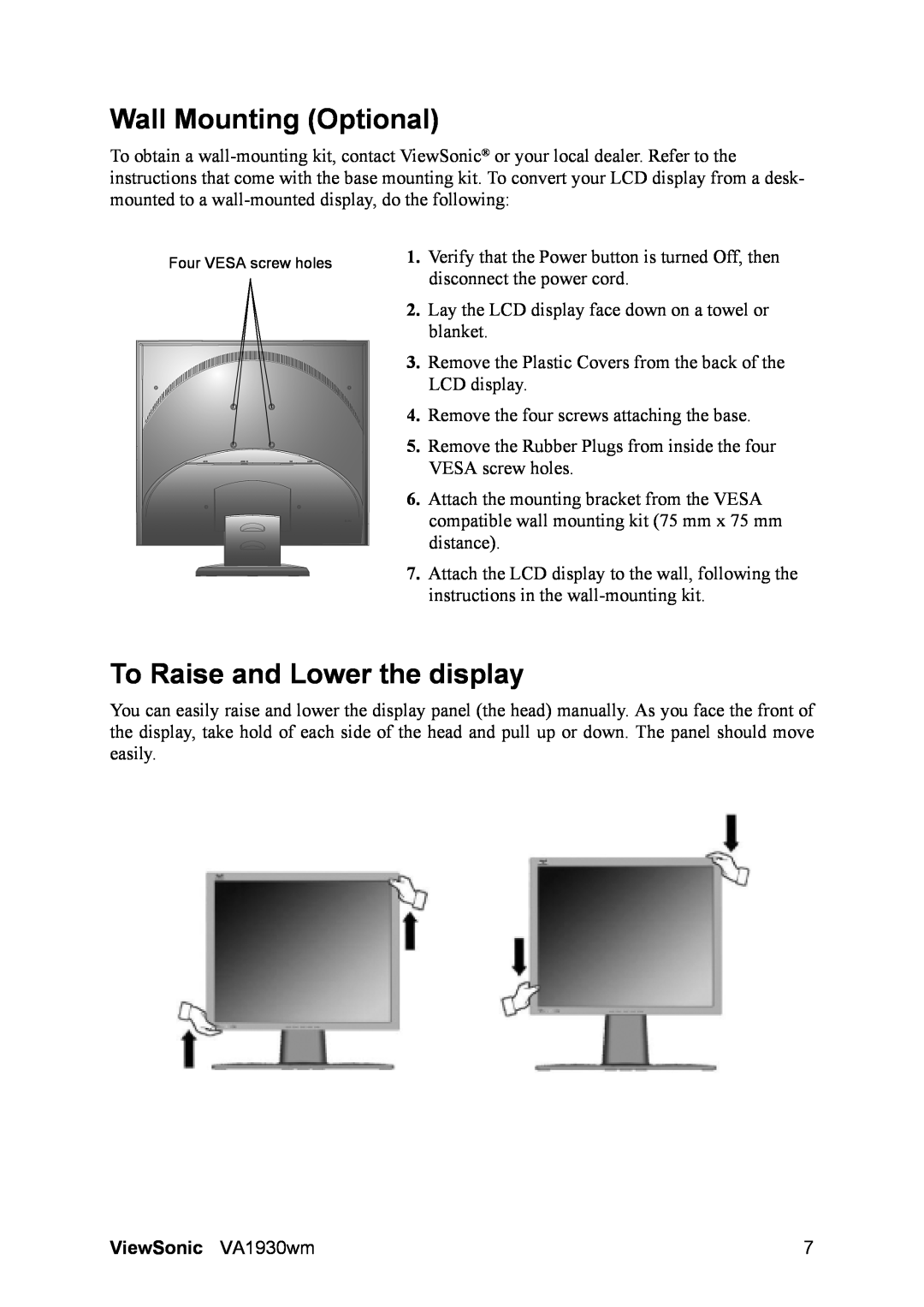ViewSonic VS11419 manual Wall Mounting Optional, To Raise and Lower the display, ViewSonic VA1930wm 