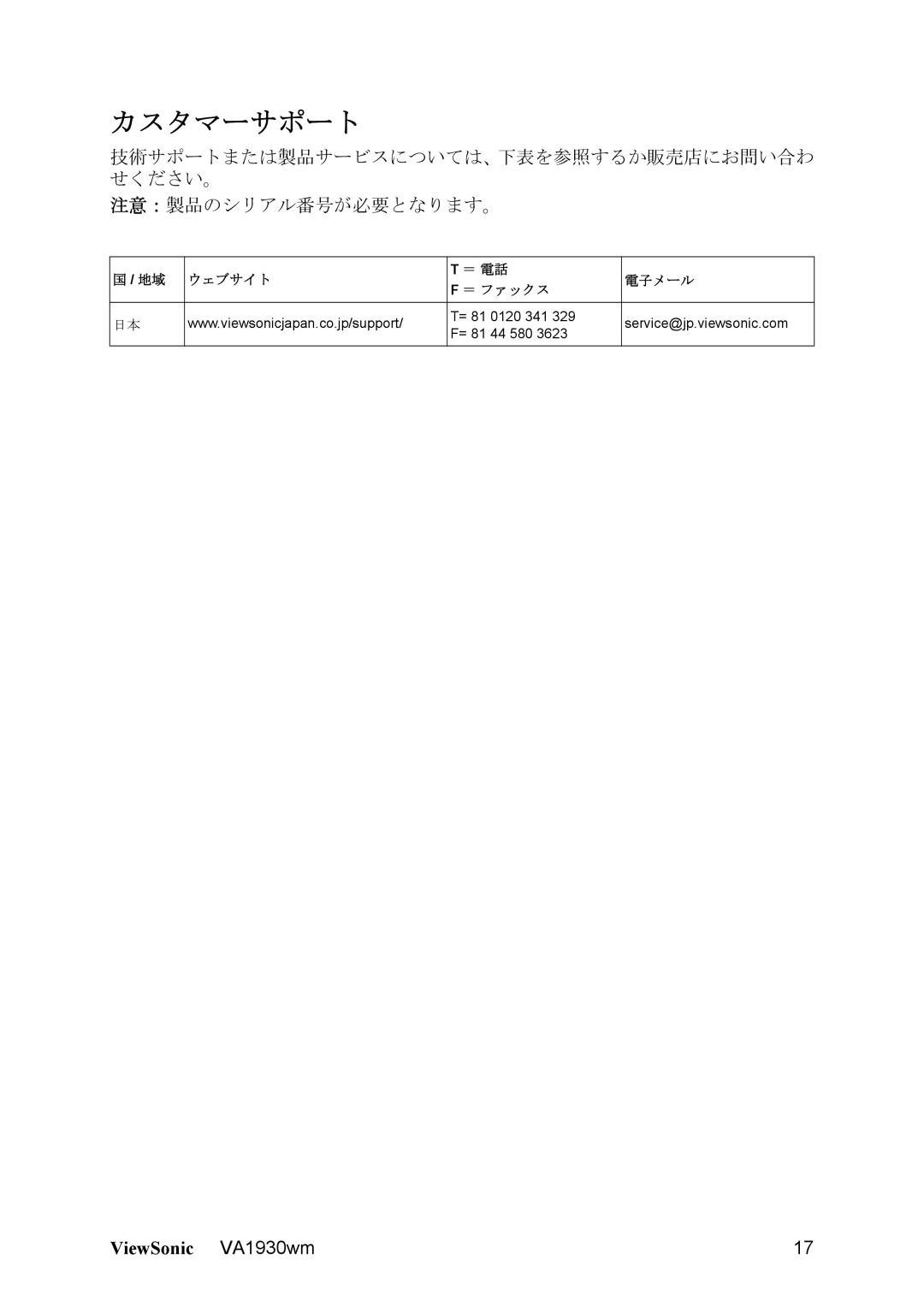 ViewSonic VS11419 manual カスタマーサポート 