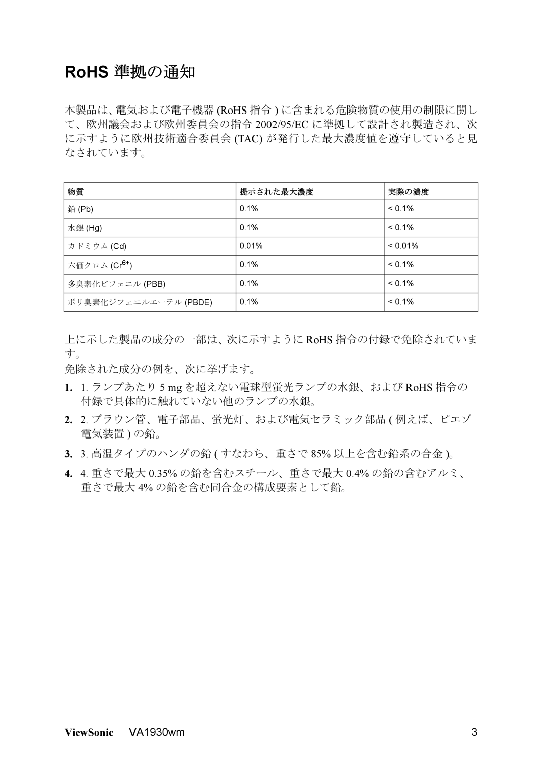 ViewSonic VS11419 manual RoHS 準拠の通知 