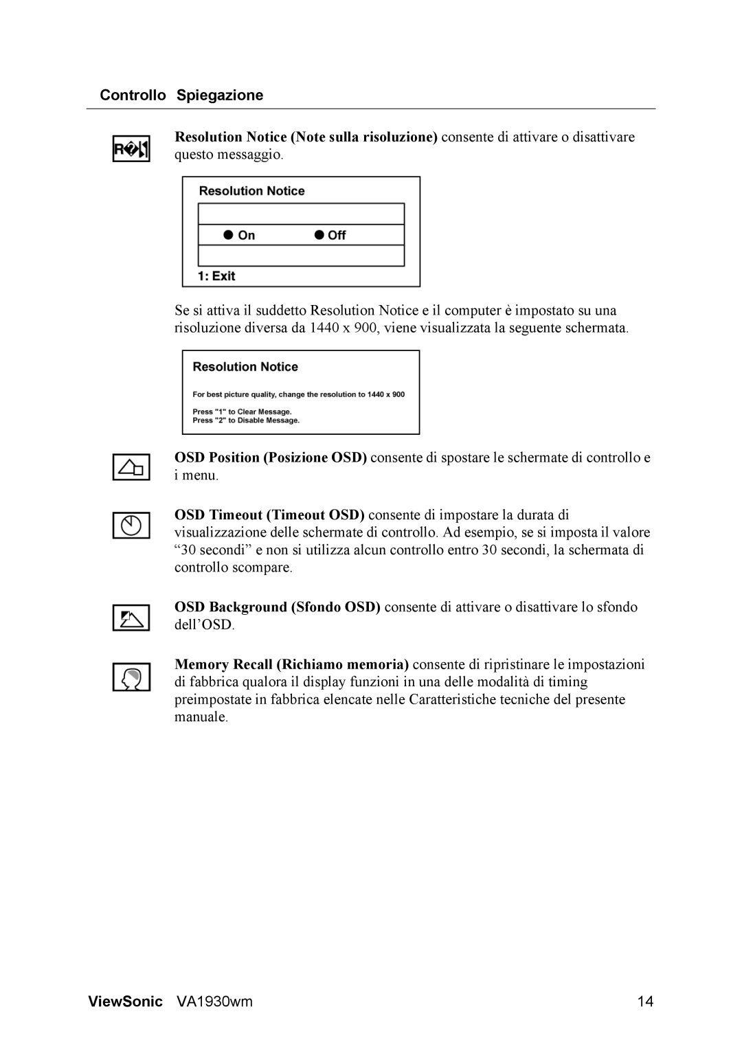 ViewSonic VS11419 manual Controllo Spiegazione 