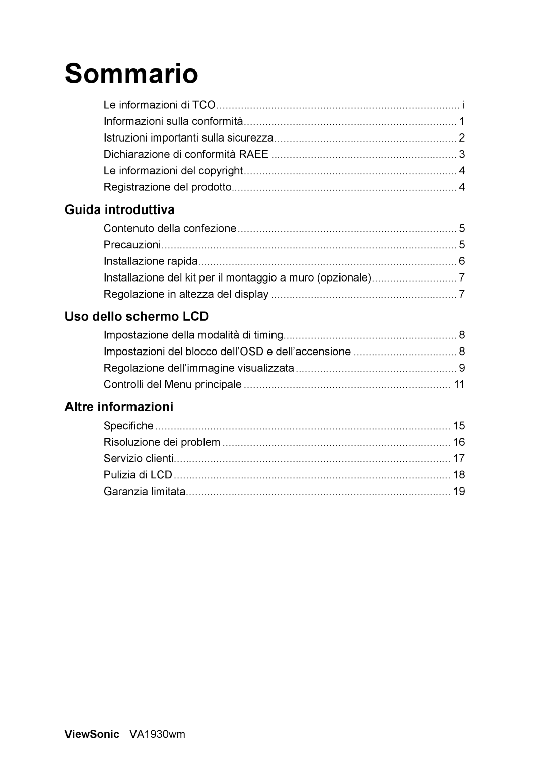 ViewSonic VS11419 manual Sommario, ViewSonic VA1930wm 