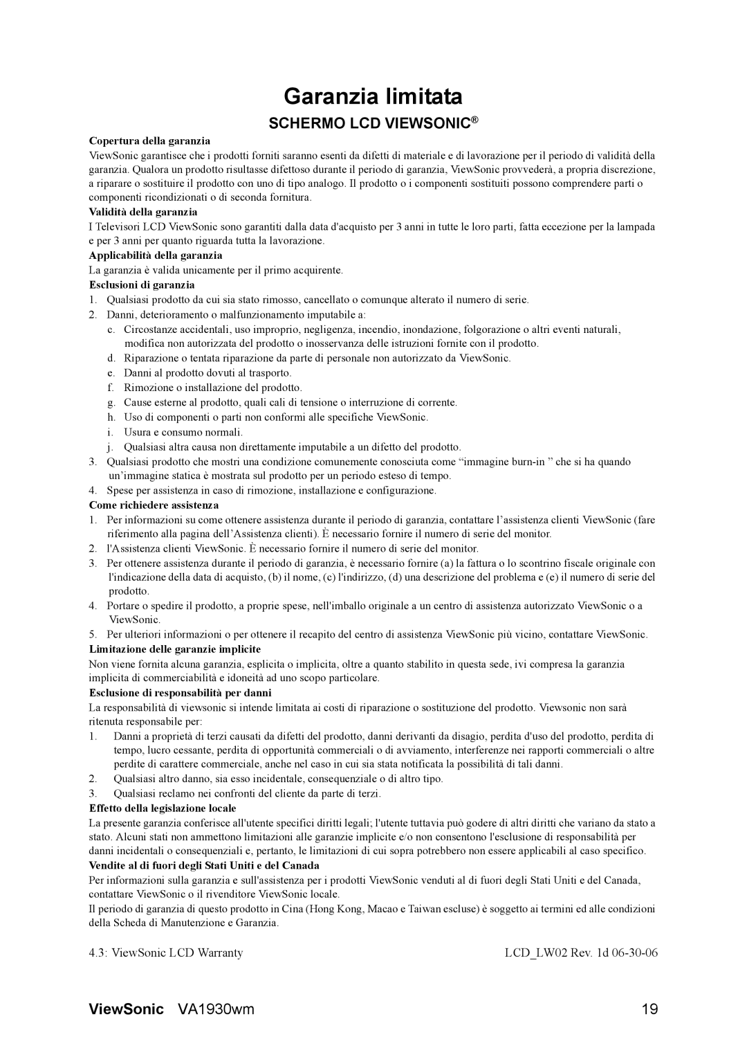 ViewSonic VS11419 manual Garanzia limitata, Schermo LCD Viewsonic 