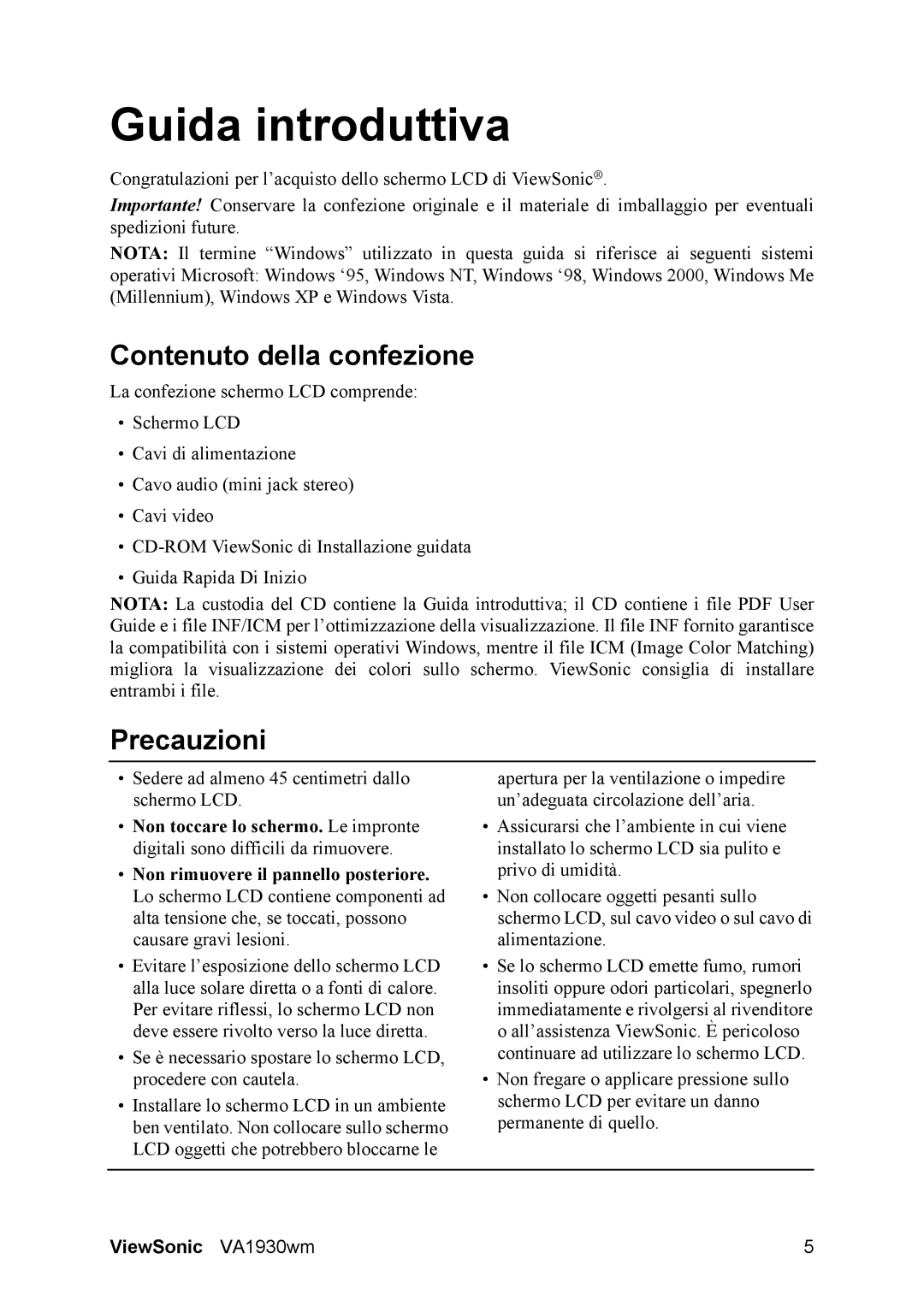 ViewSonic VS11419 manual Guida introduttiva, Contenuto della confezione, Precauzioni 