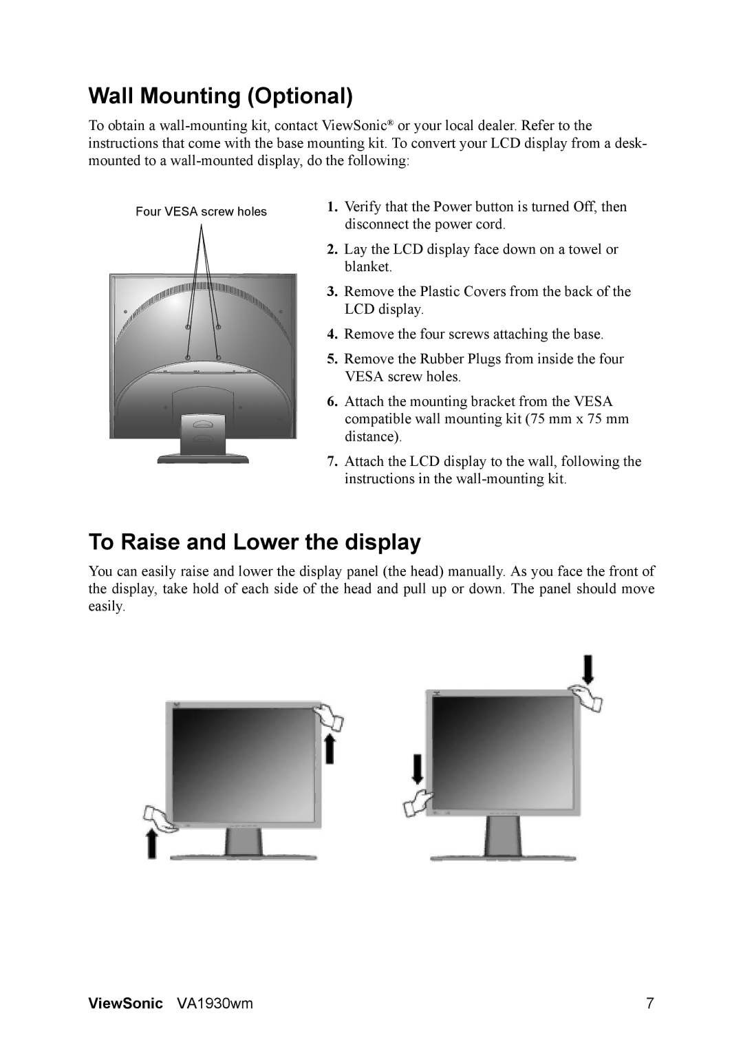 ViewSonic VS11419 manual Wall Mounting Optional, To Raise and Lower the display 