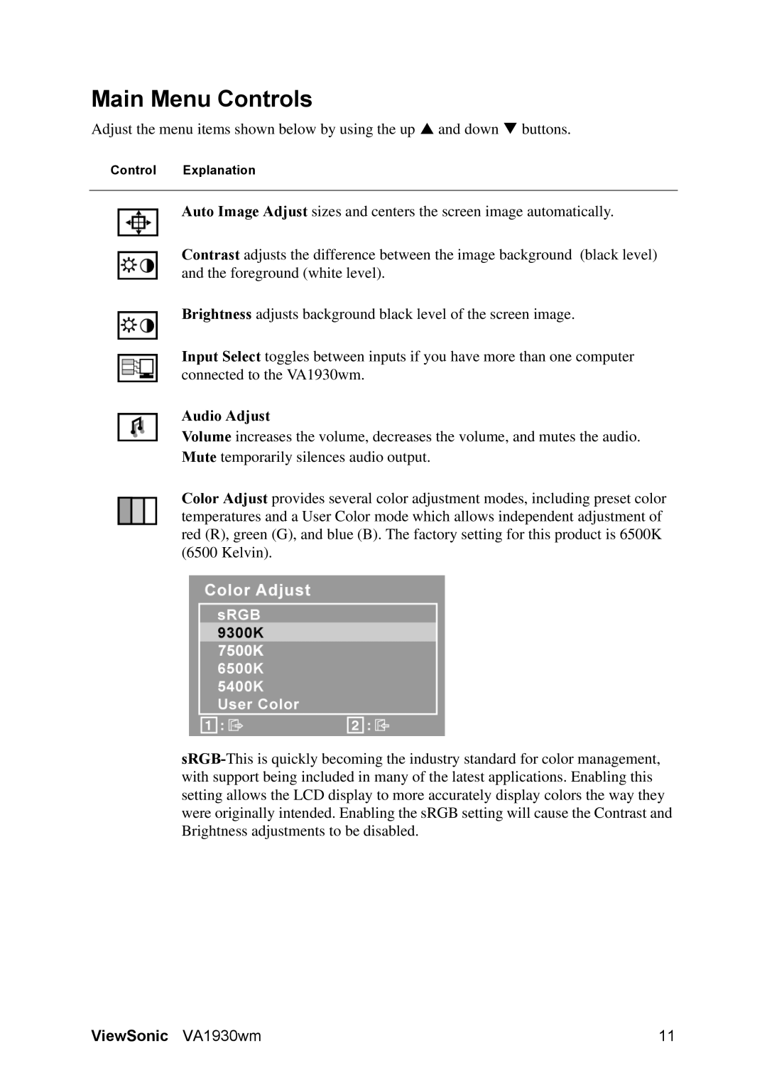 ViewSonic VS11419 manual Main Menu Controls, Audio Adjust 