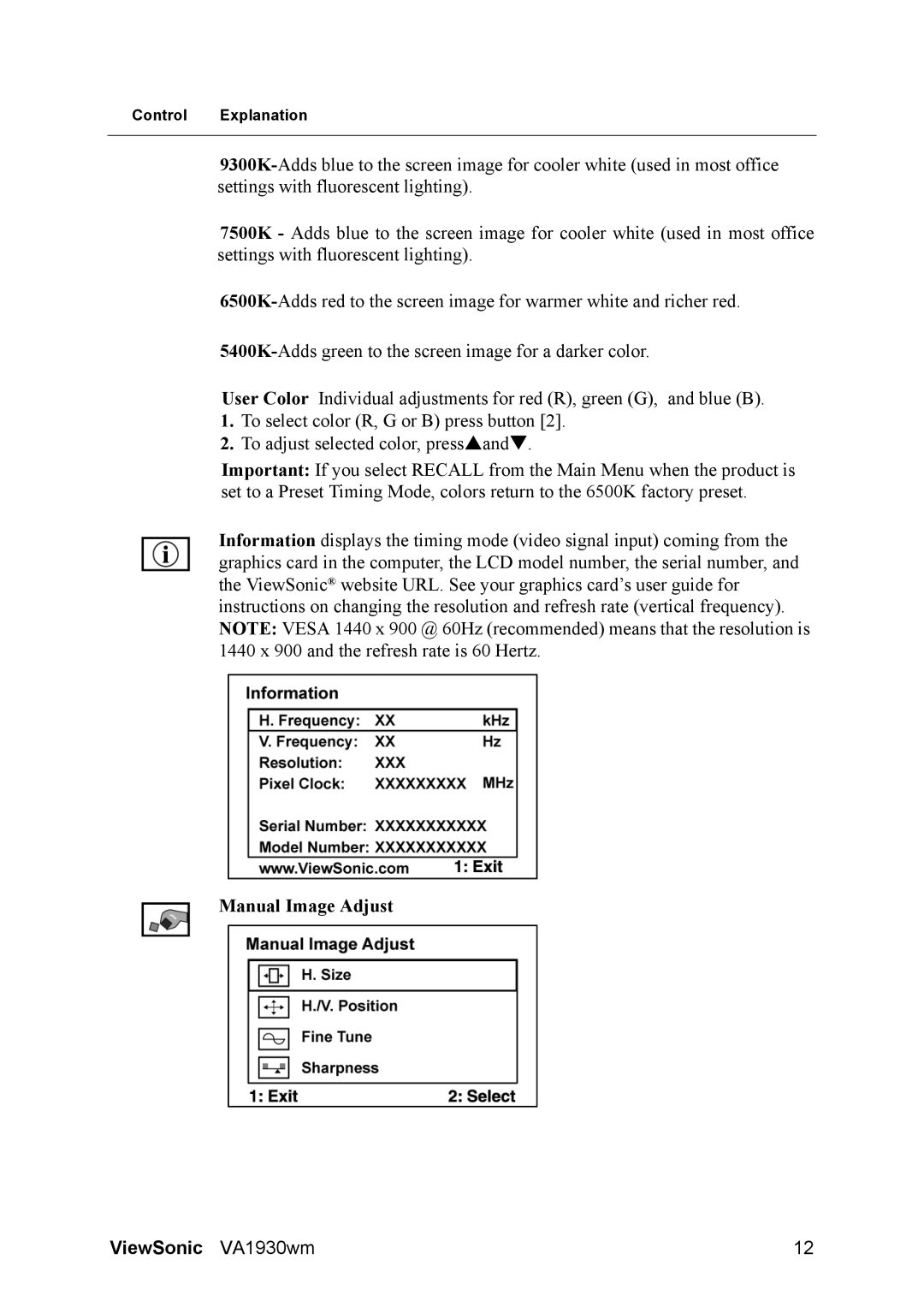 ViewSonic VS11419 manual Manual Image Adjust 