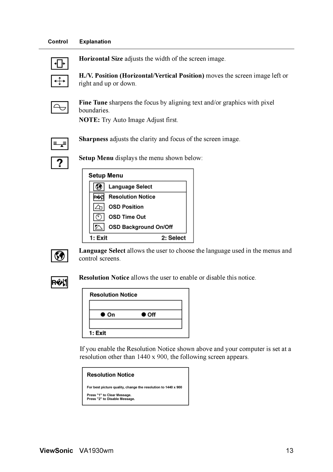 ViewSonic VS11419 manual Horizontal Size adjusts the width of the screen image 