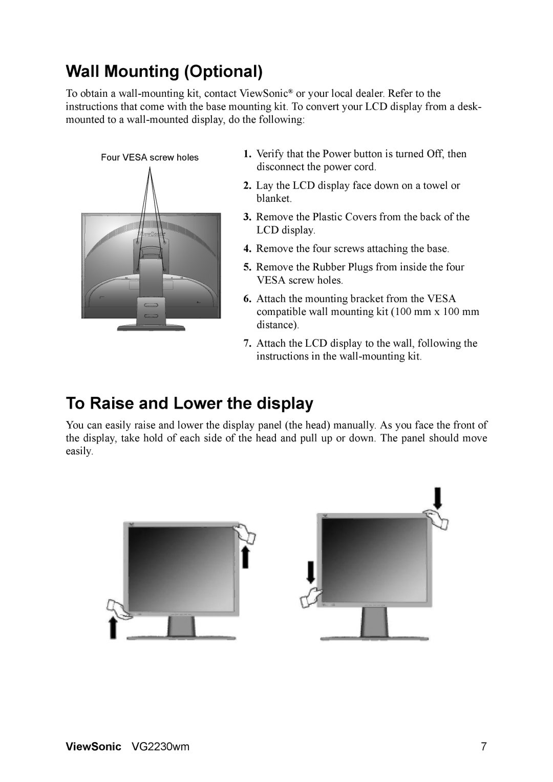 ViewSonic VS11422 manual Wall Mounting Optional, To Raise and Lower the display 