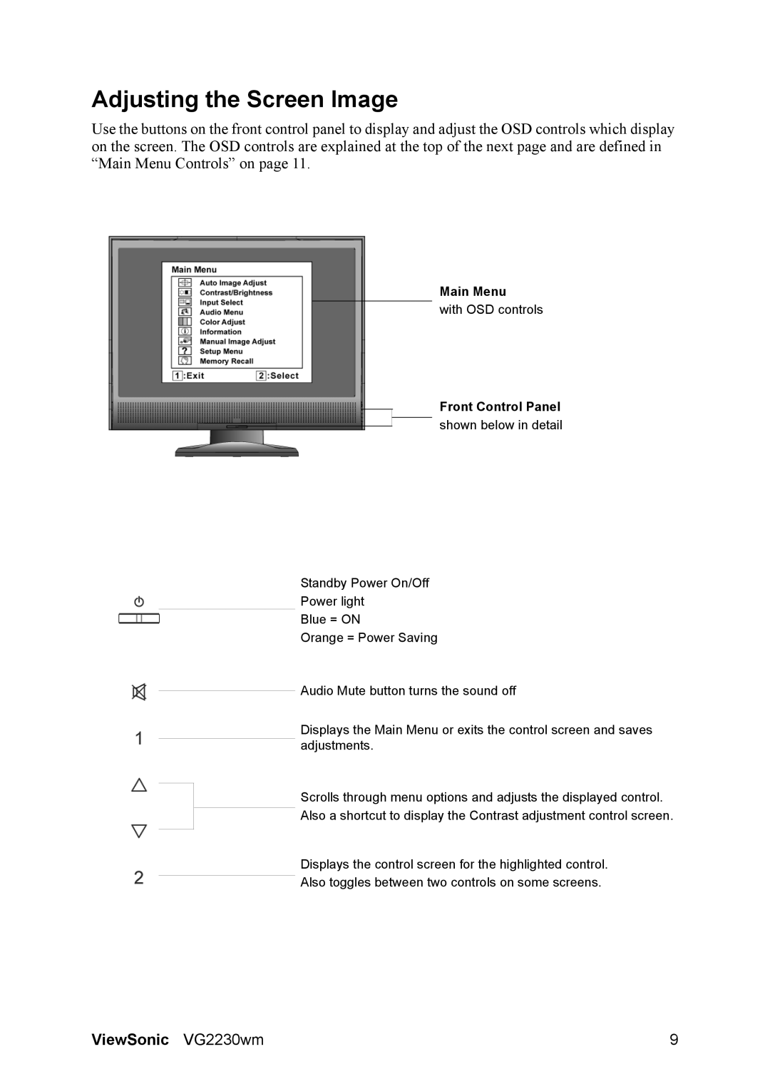 ViewSonic VS11422 manual Adjusting the Screen Image, Front Control Panel shown below in detail 