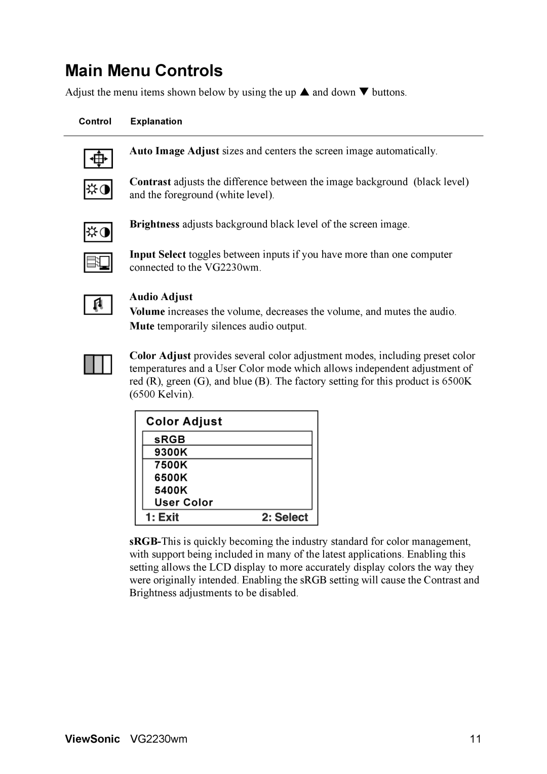 ViewSonic VS11422 manual Main Menu Controls, Audio Adjust 