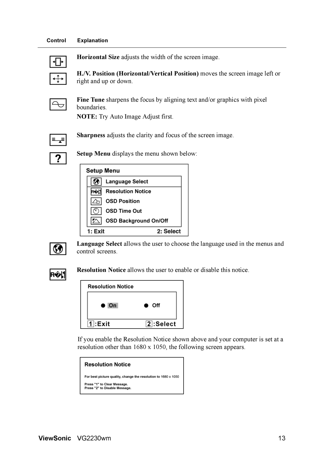 ViewSonic VS11422 manual Horizontal Size adjusts the width of the screen image 