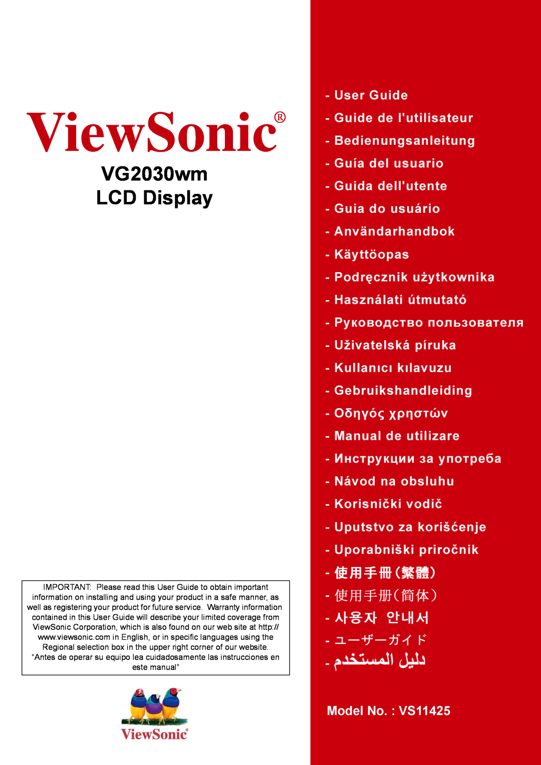 ViewSonic manual ViewSonic, VG2030wm LCD Display, Model No. VS11425 