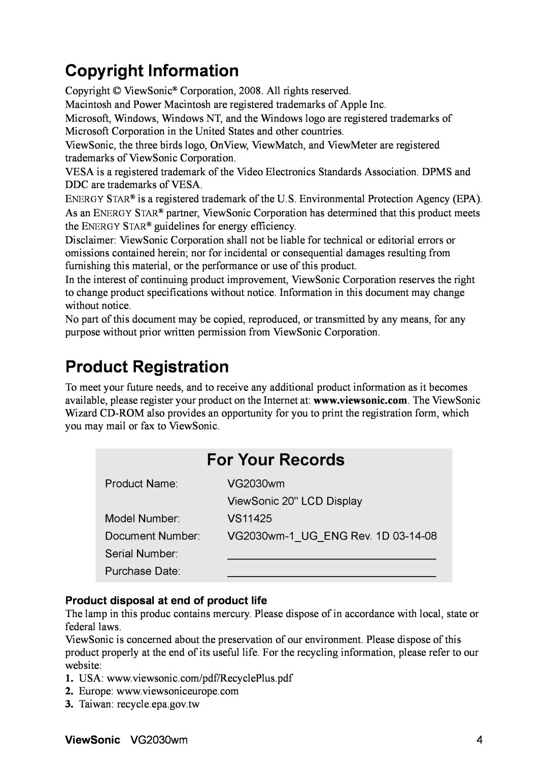 ViewSonic VS11425 Copyright Information, Product Registration, For Your Records, Product disposal at end of product life 
