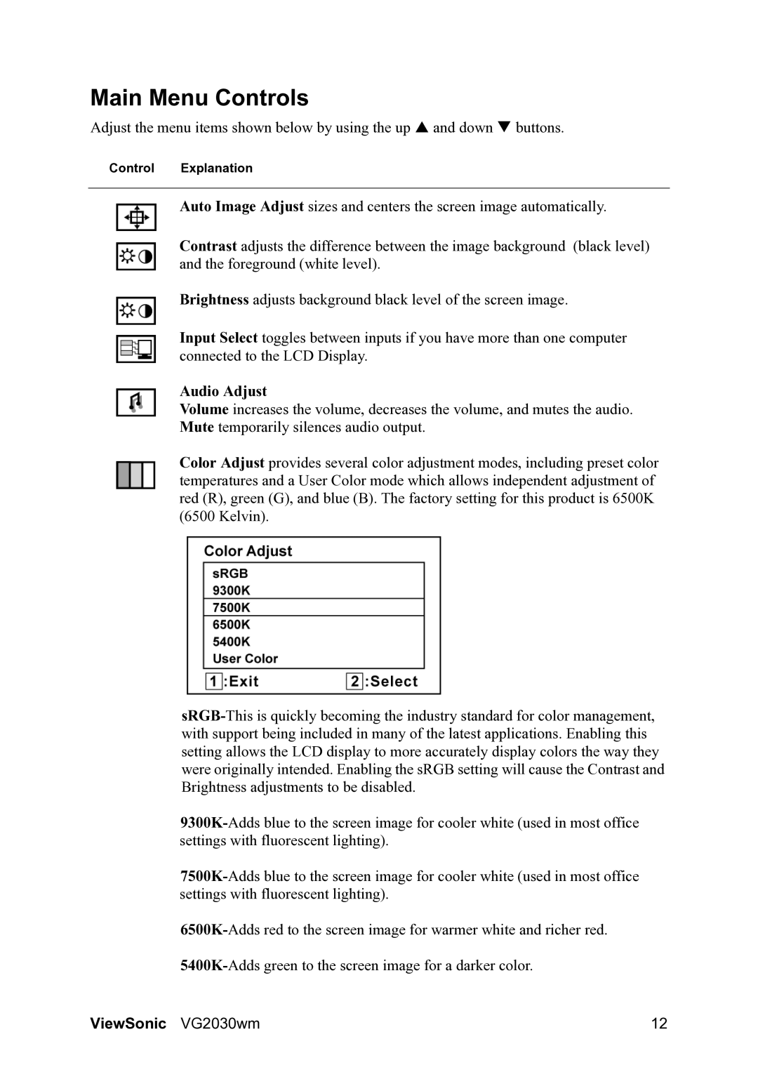 ViewSonic VS11425 warranty Main Menu Controls, Audio Adjust 