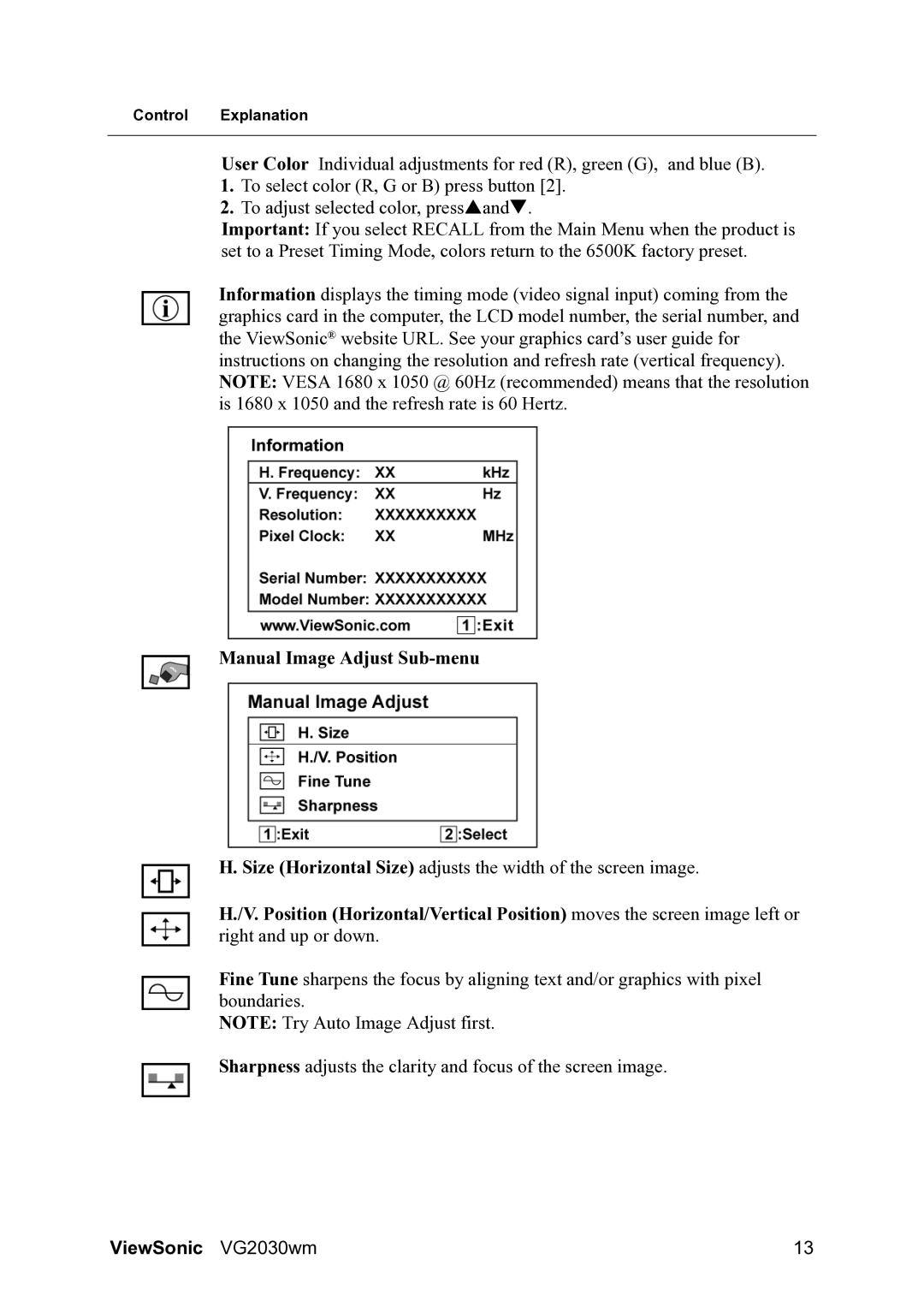 ViewSonic VS11425 warranty Manual Image Adjust Sub-menu 