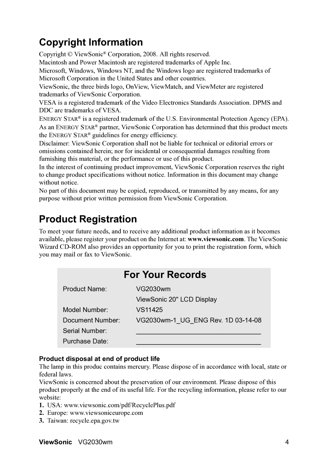 ViewSonic VS11425 Copyright Information, Product Registration For Your Records, Product disposal at end of product life 