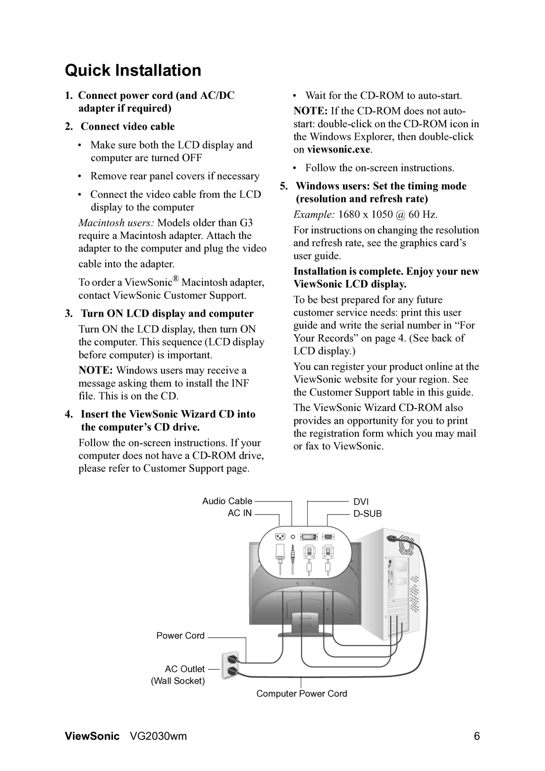 ViewSonic VS11425 warranty Quick Installation, Turn on LCD display and computer 