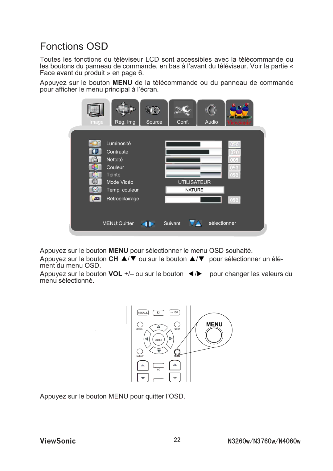 ViewSonic VS11437-1M manual Appuyez sur le bouton Menu pour quitter l’OSD 