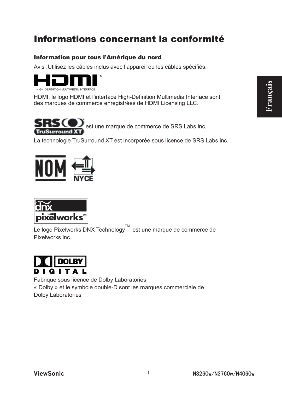 ViewSonic VS11437-1M manual Informations concernant la conformité 