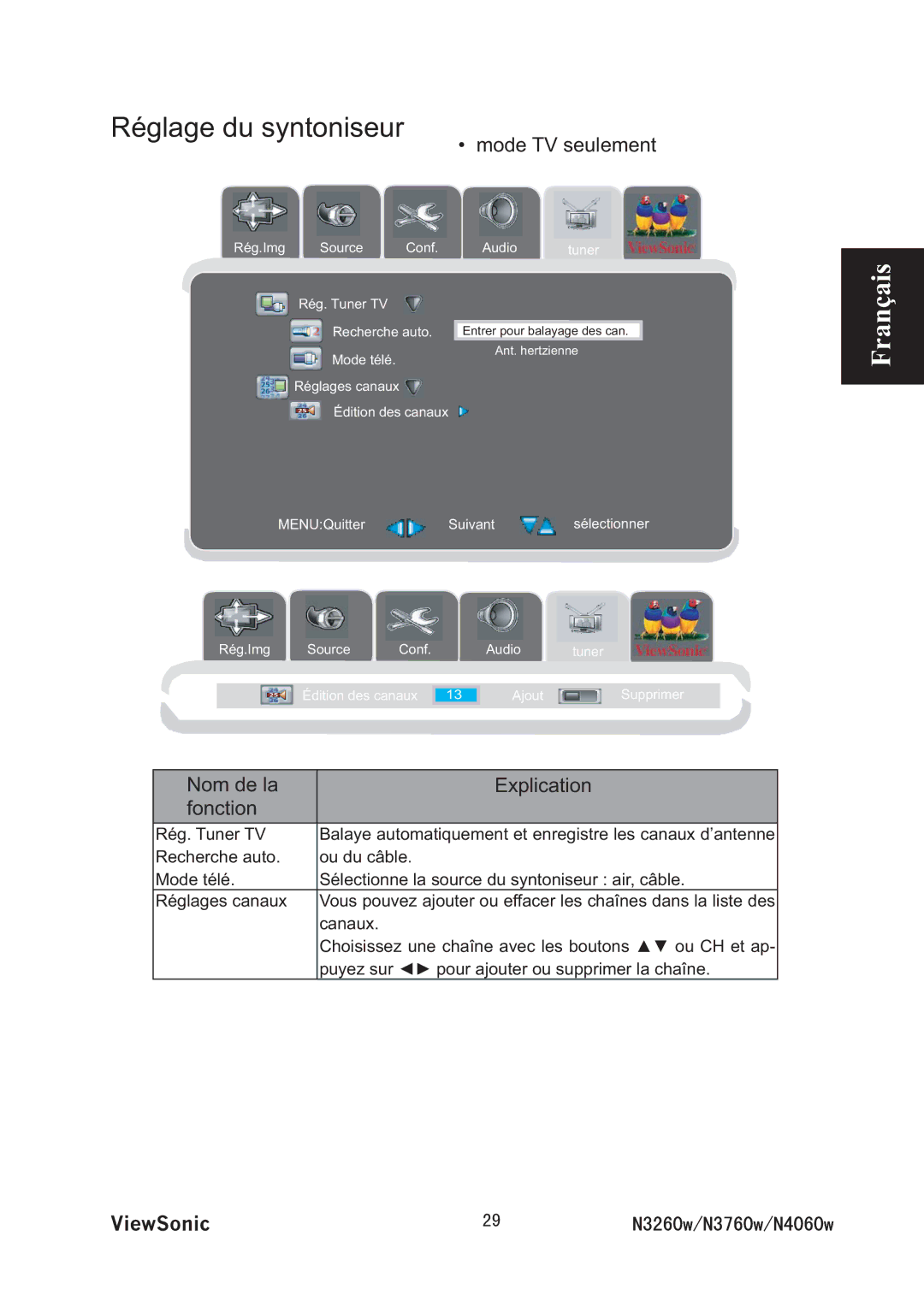 ViewSonic VS11437-1M manual Réglage du syntoniseur 