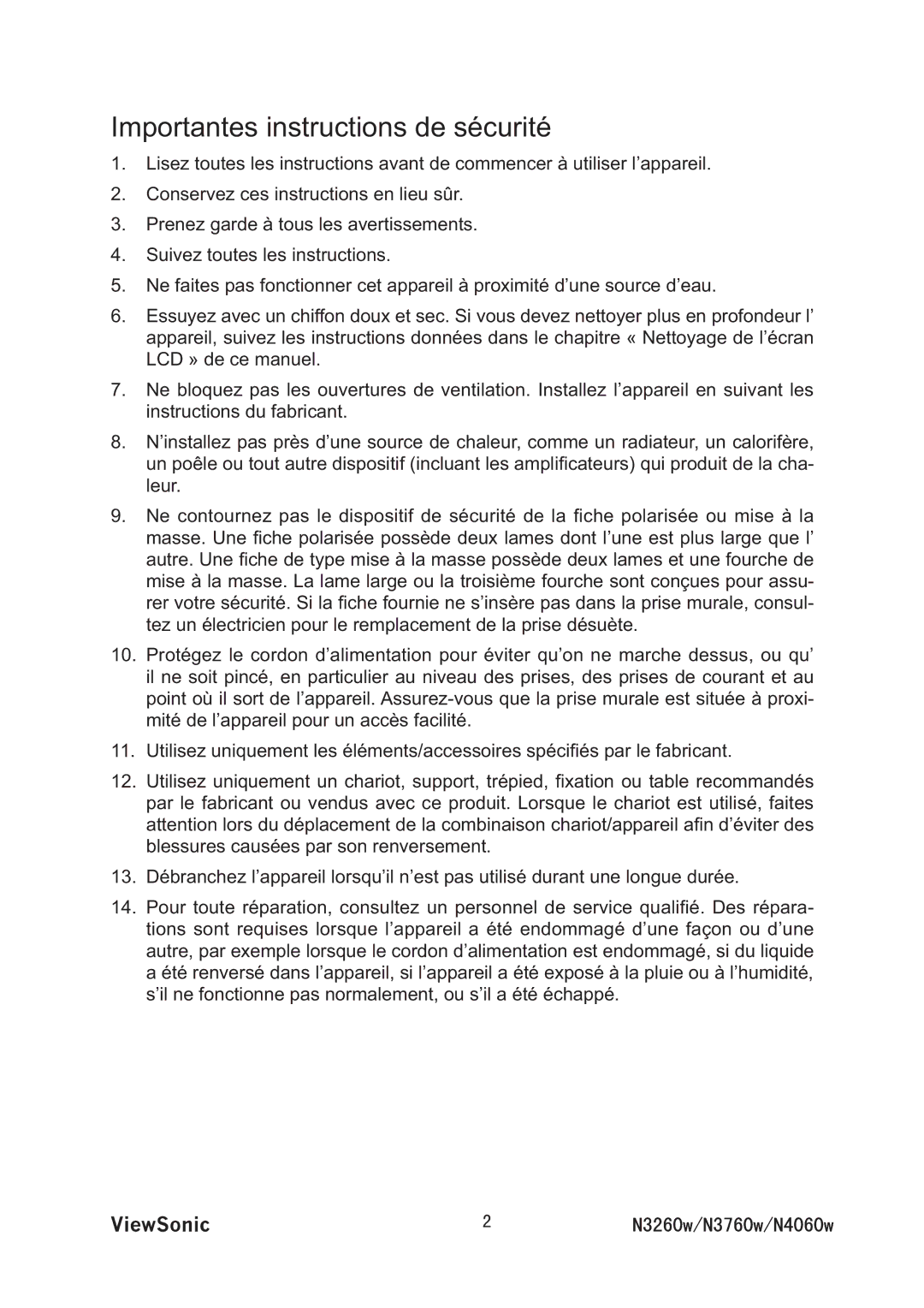 ViewSonic VS11437-1M manual Importantes instructions de sécurité 