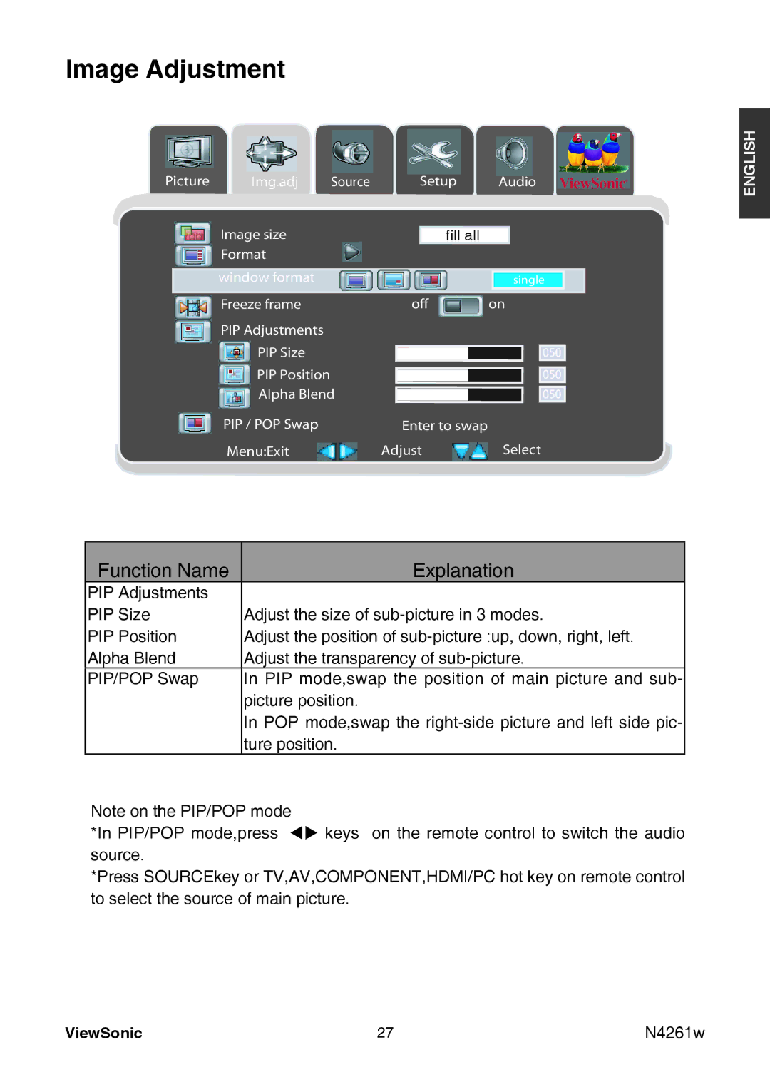 ViewSonic VS11439-3M manual Freeze frame Off PIP Adjustments PIP Size 