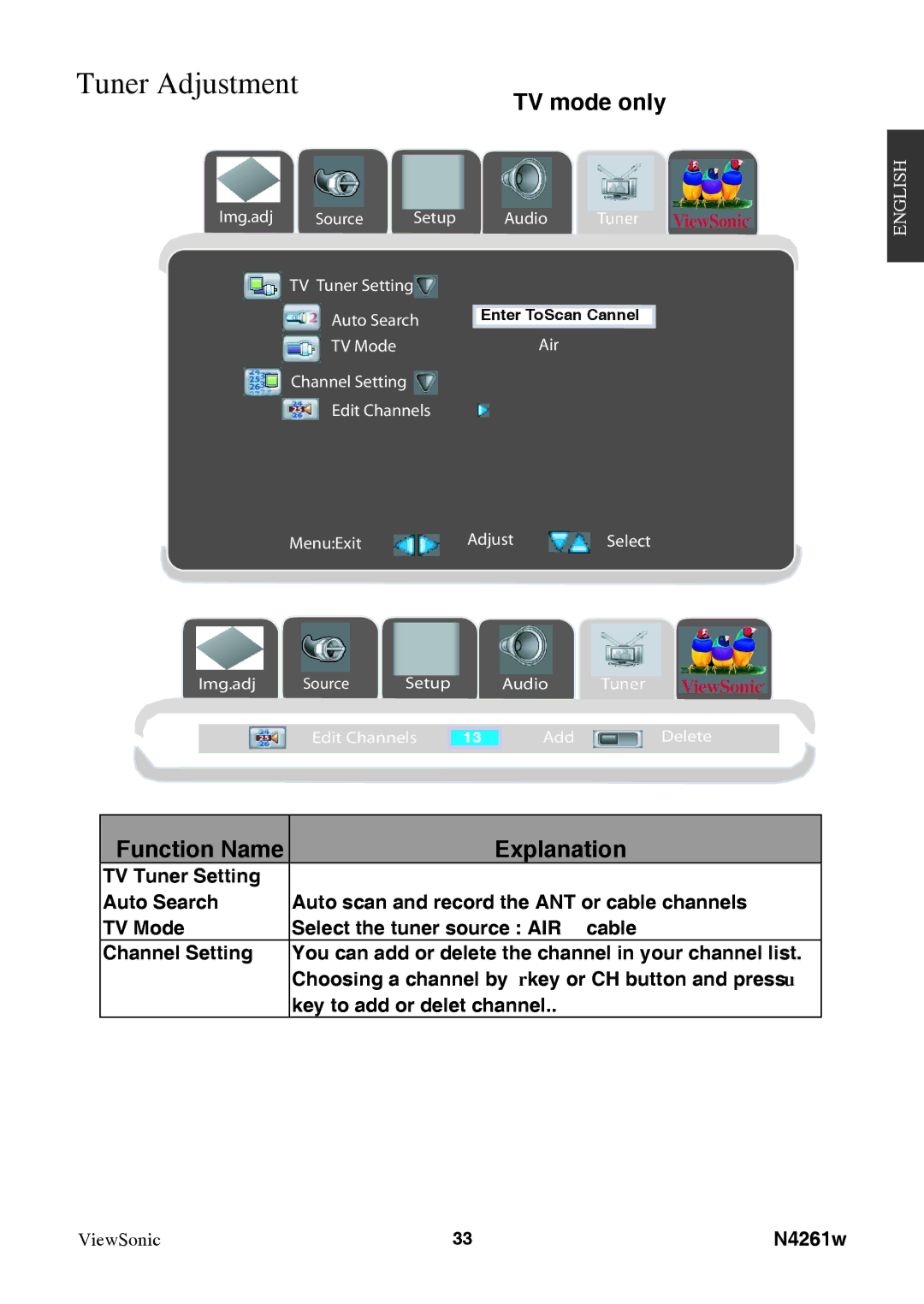 ViewSonic VS11439-3M manual Tuner Adjustment, TV mode only 