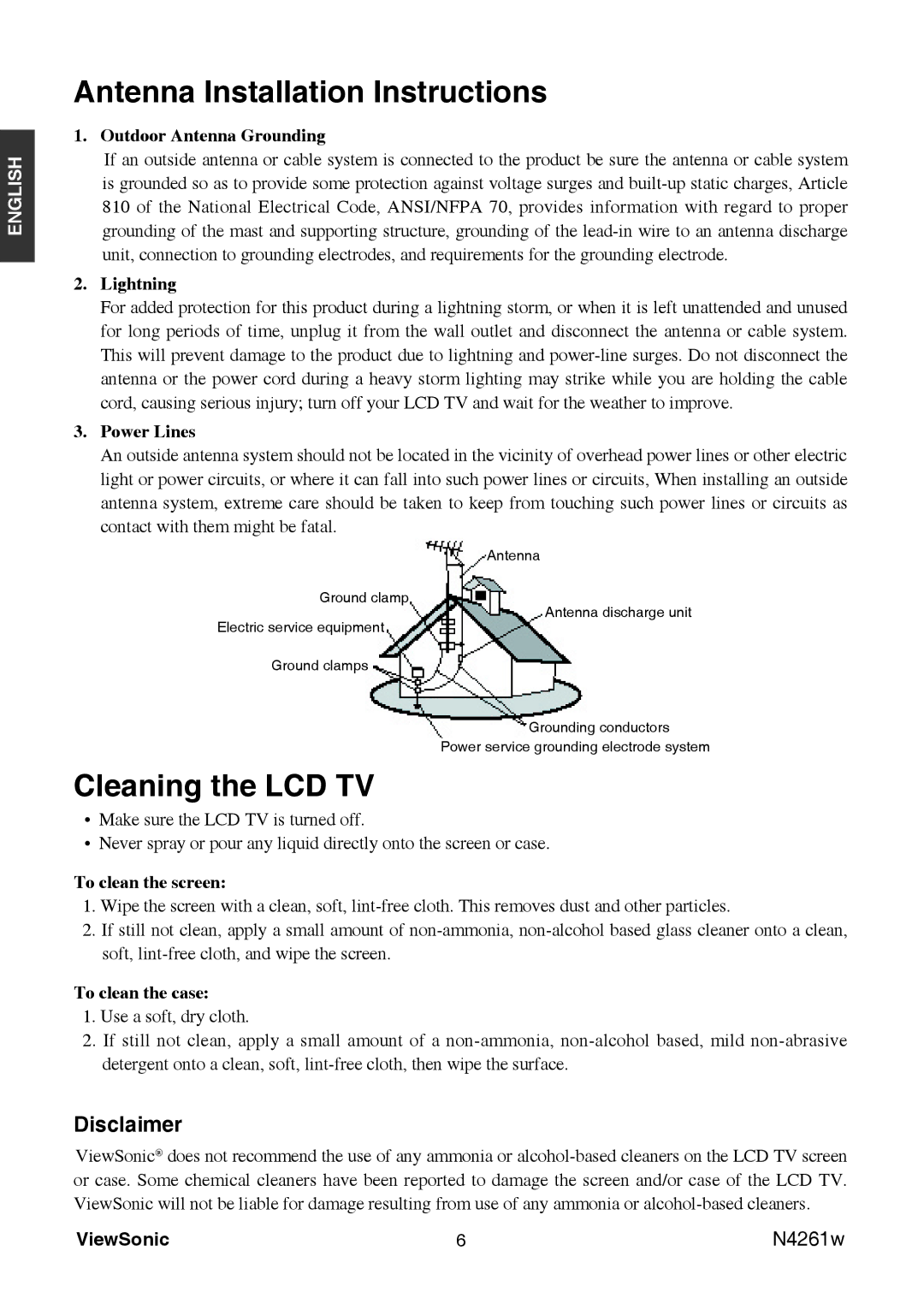 ViewSonic VS11439-3M manual Antenna Installation Instructions, Cleaning the LCD TV 