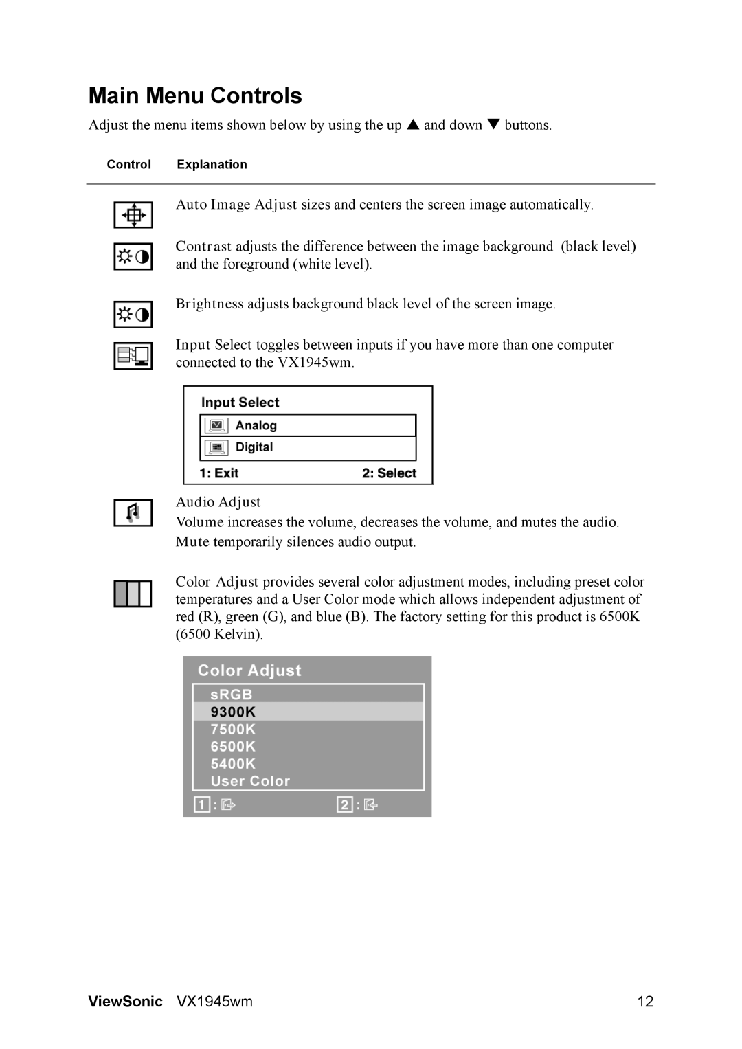 ViewSonic VS11444 manual Main Menu Controls, Audio Adjust 