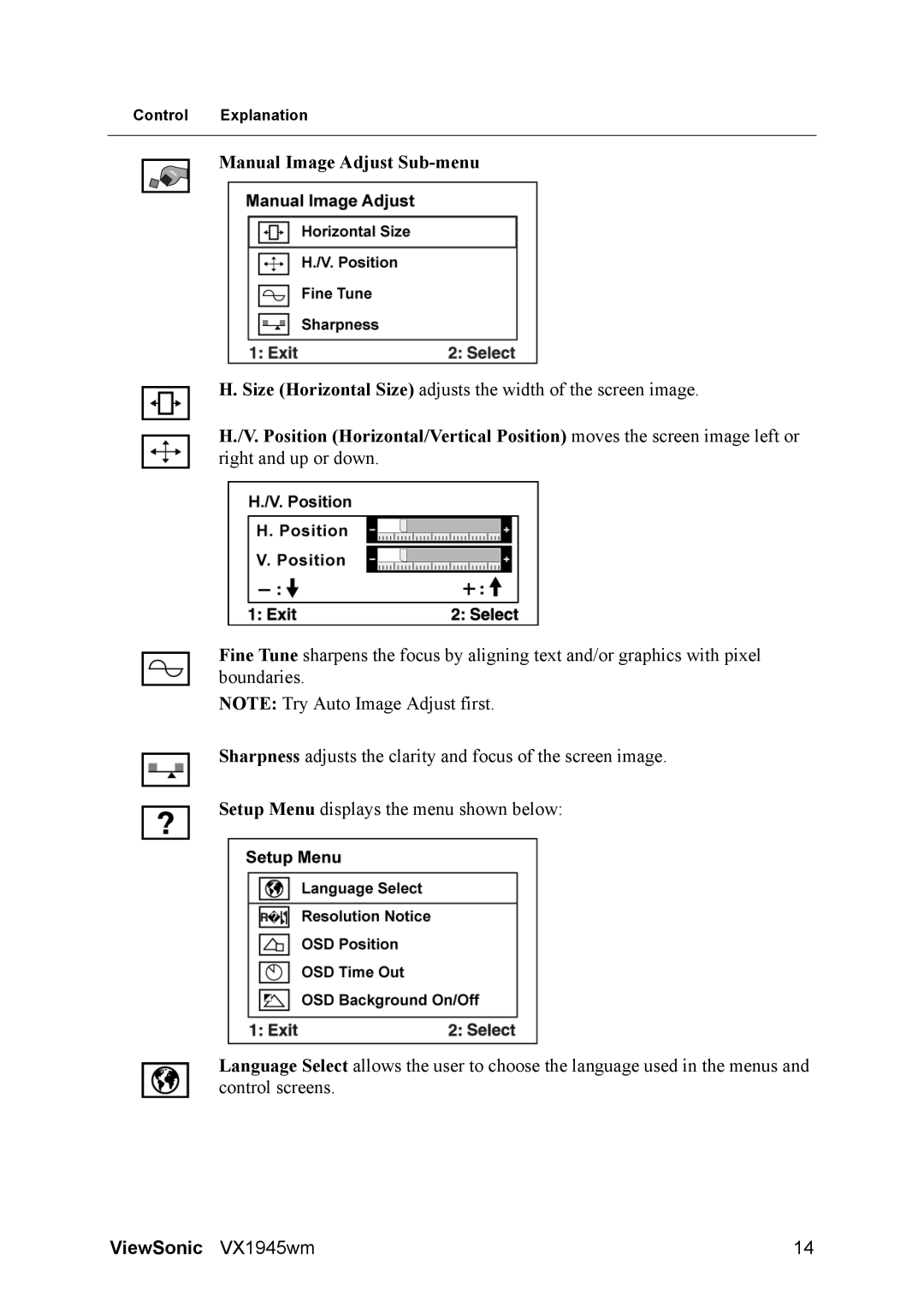 ViewSonic VS11444 manual Manual Image Adjust Sub-menu 