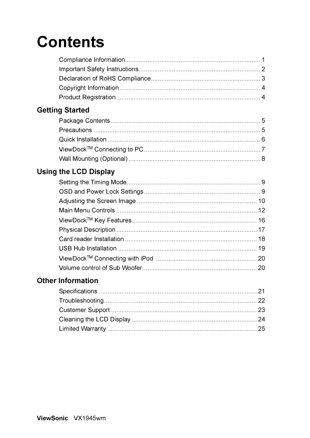 ViewSonic VS11444 manual Contents 