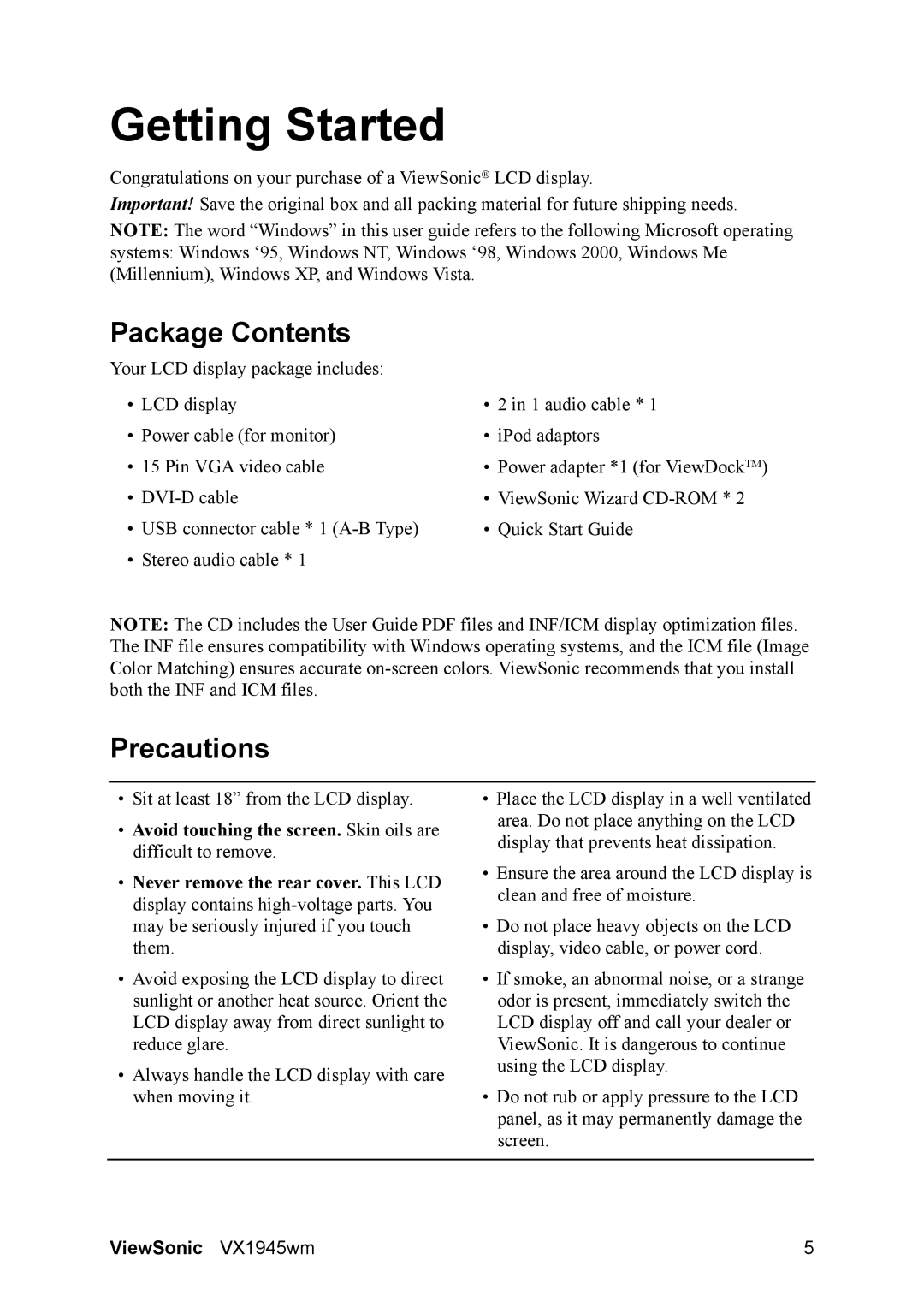 ViewSonic VS11444 manual Package Contents, Precautions 