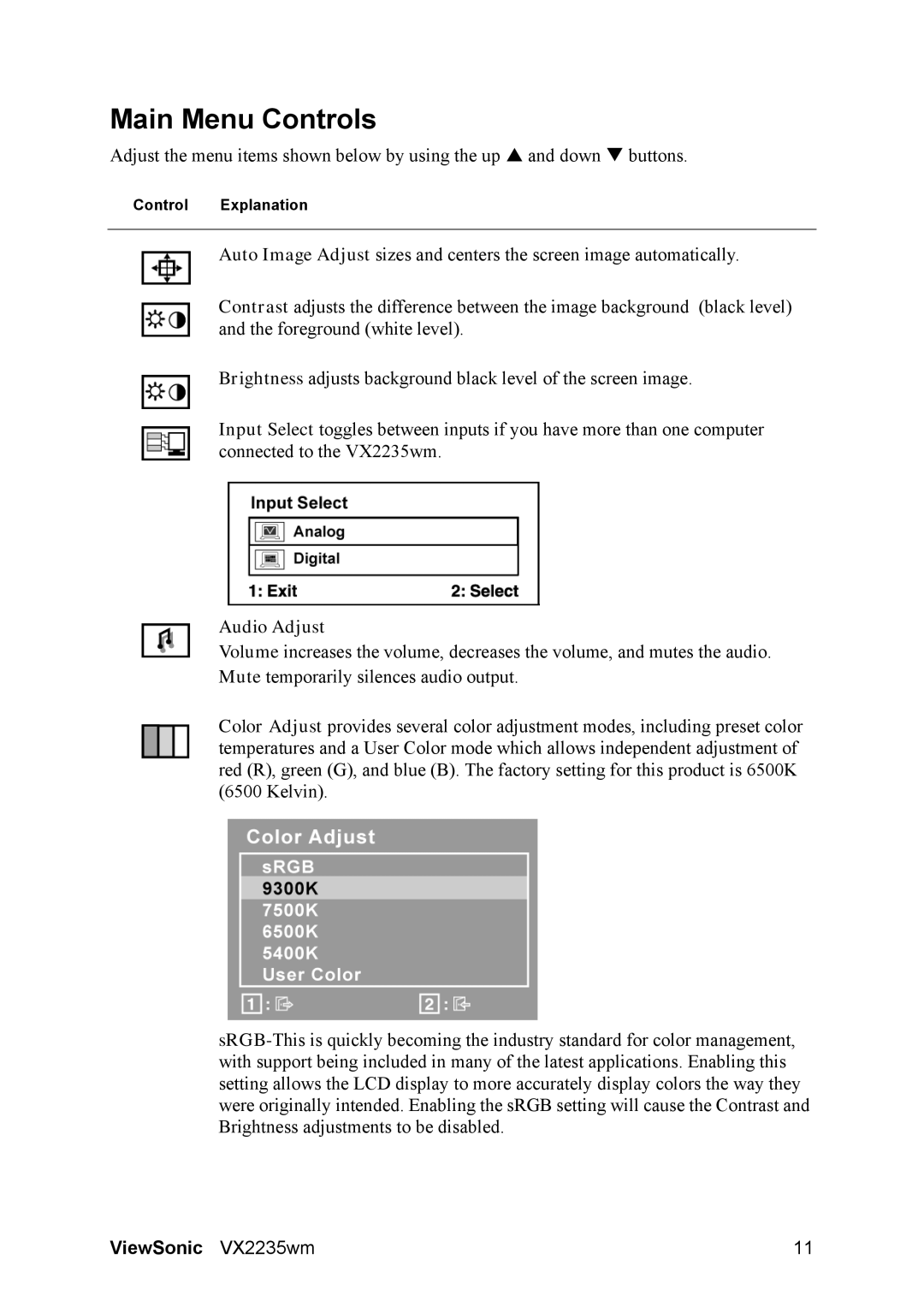 ViewSonic VS11446 manual Main Menu Controls, Audio Adjust 