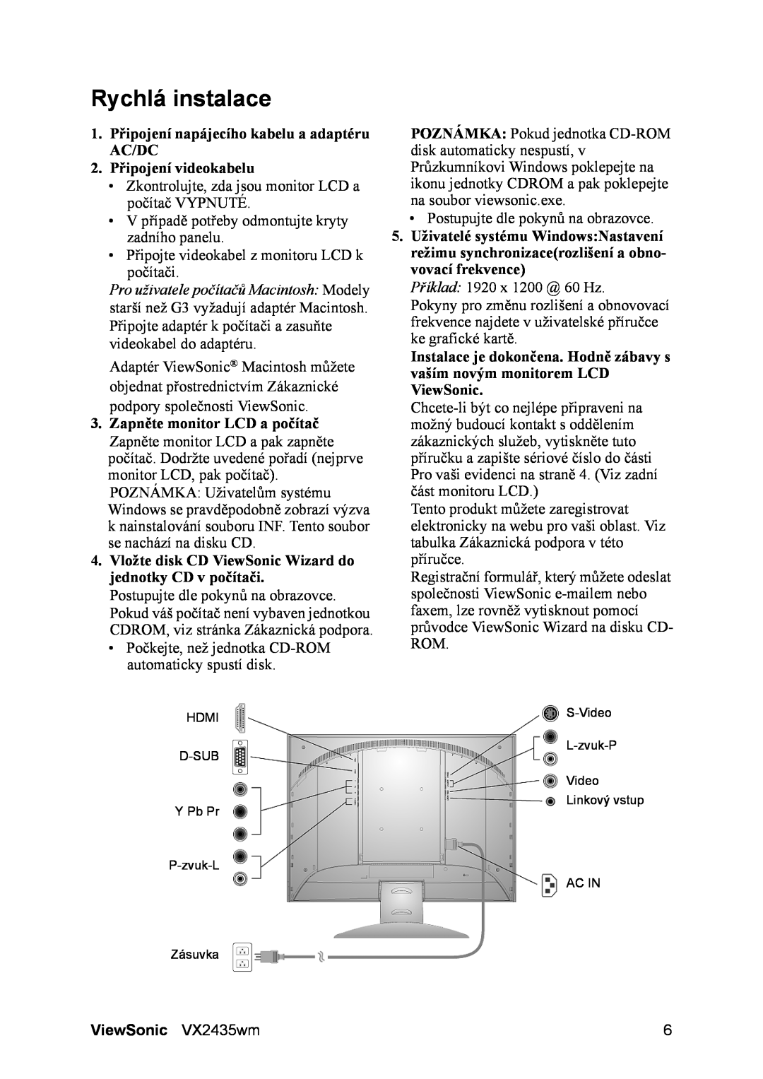 ViewSonic VS11449 manual Rychlá instalace, ViewSonic VX2435wm 